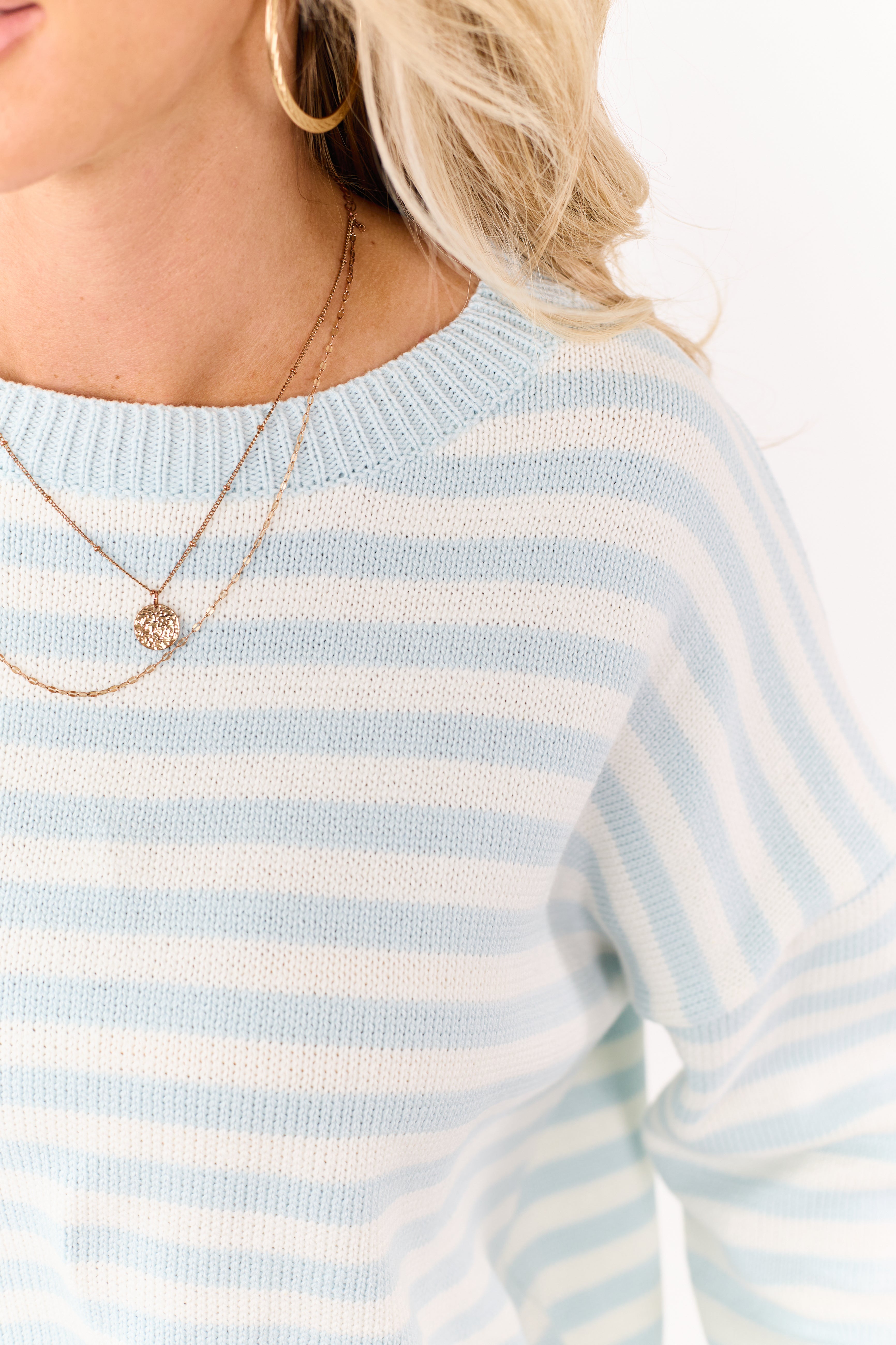 Sky Blue and Ivory Striped Ribbed Knit Sweater