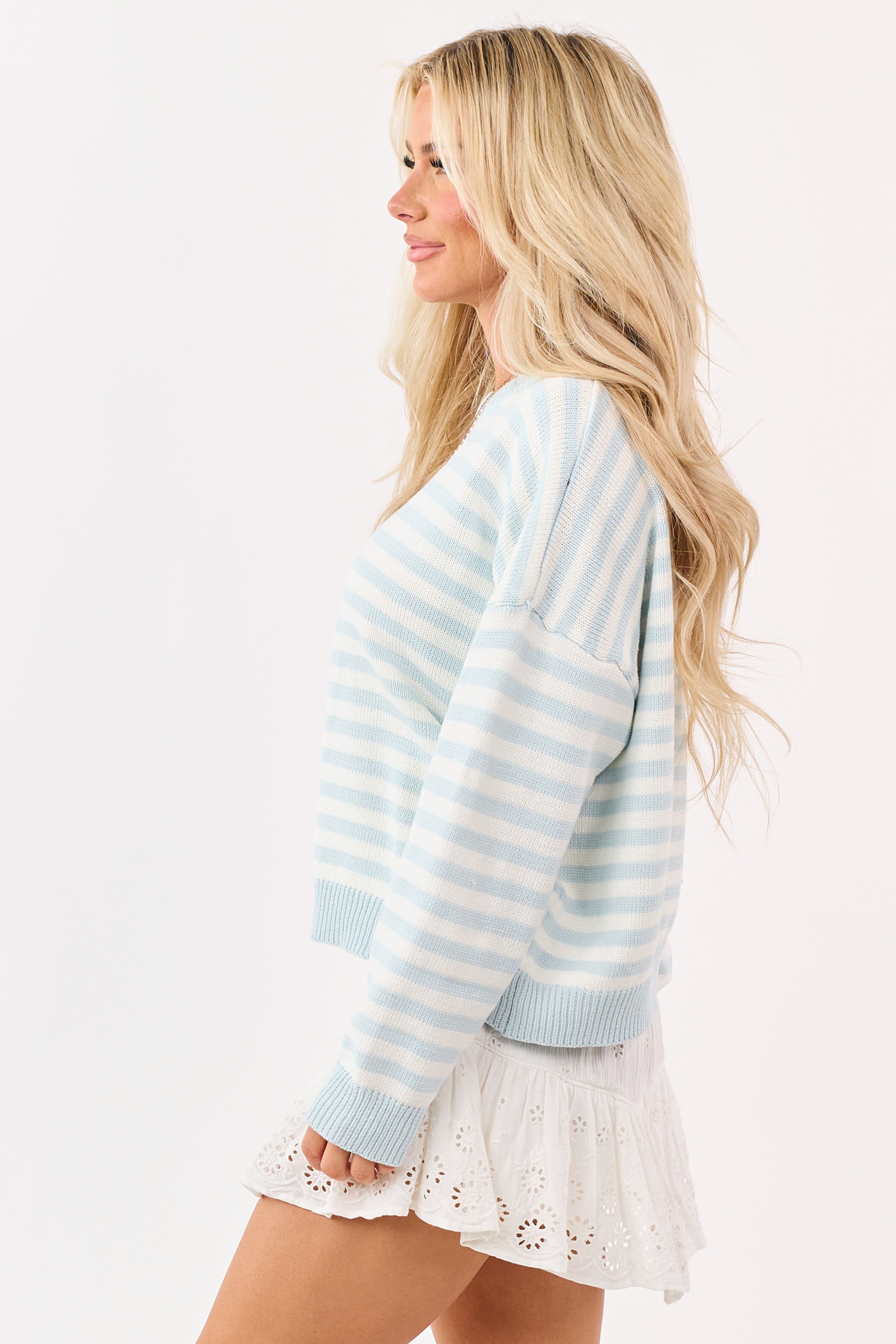 Sky Blue and Ivory Striped Ribbed Knit Sweater