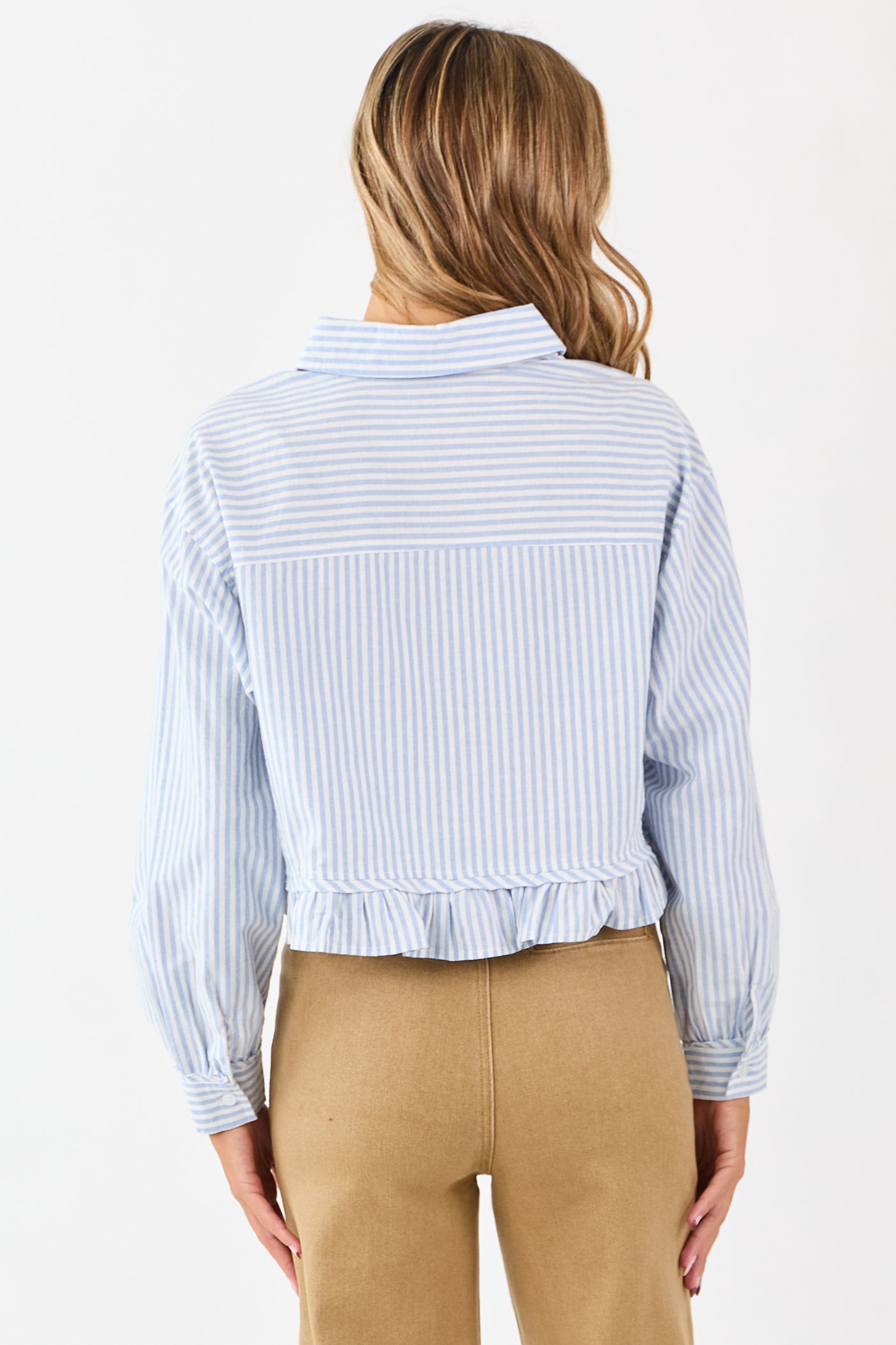 Sky Blue and White Striped Cotton Button Up Top