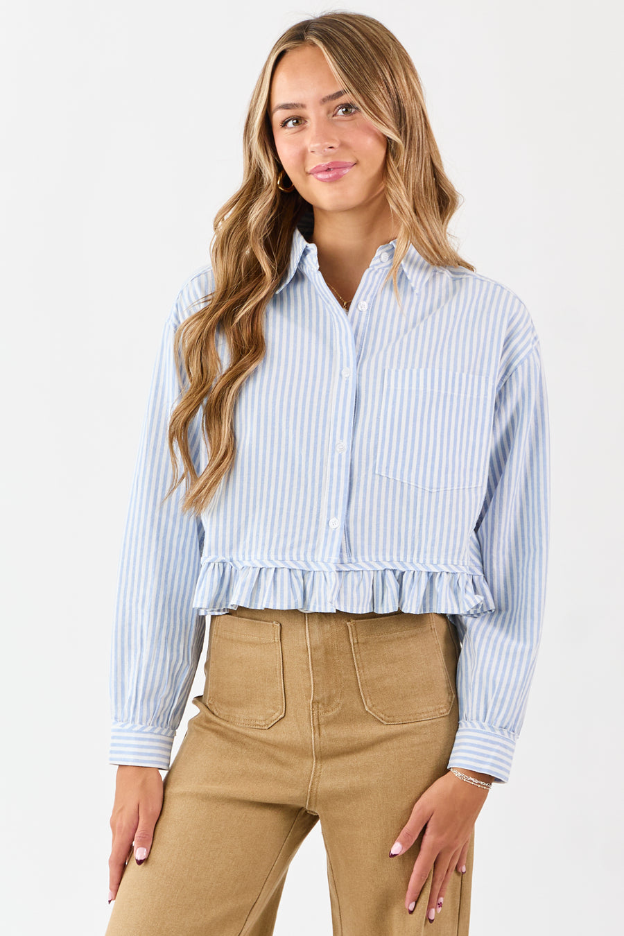 Sky Blue and White Striped Cotton Button Up Top