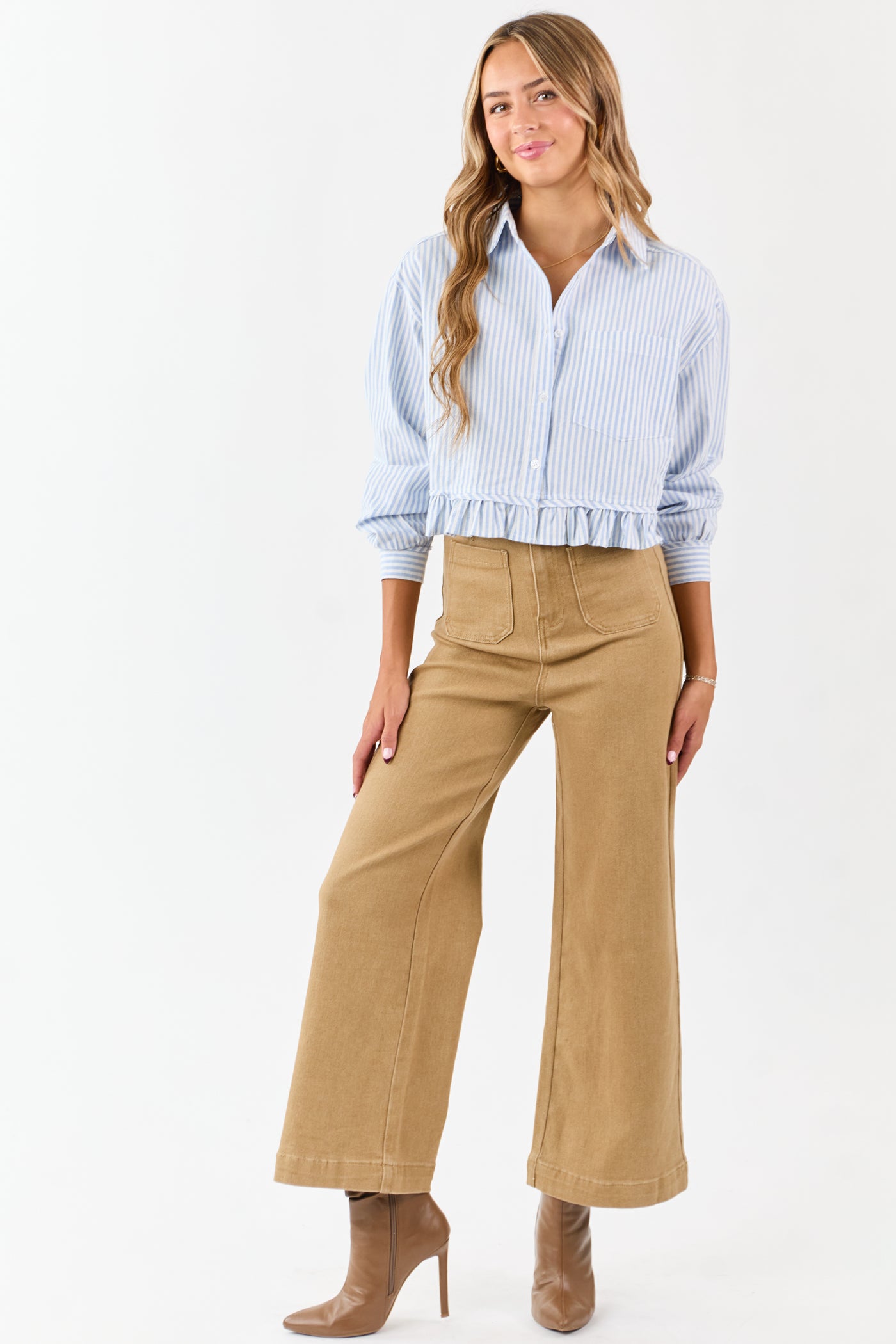 Sky Blue and White Striped Cotton Button Up Top
