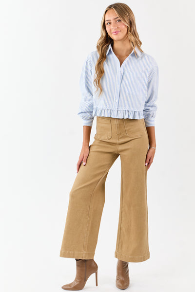 Sky Blue and White Striped Cotton Button Up Top