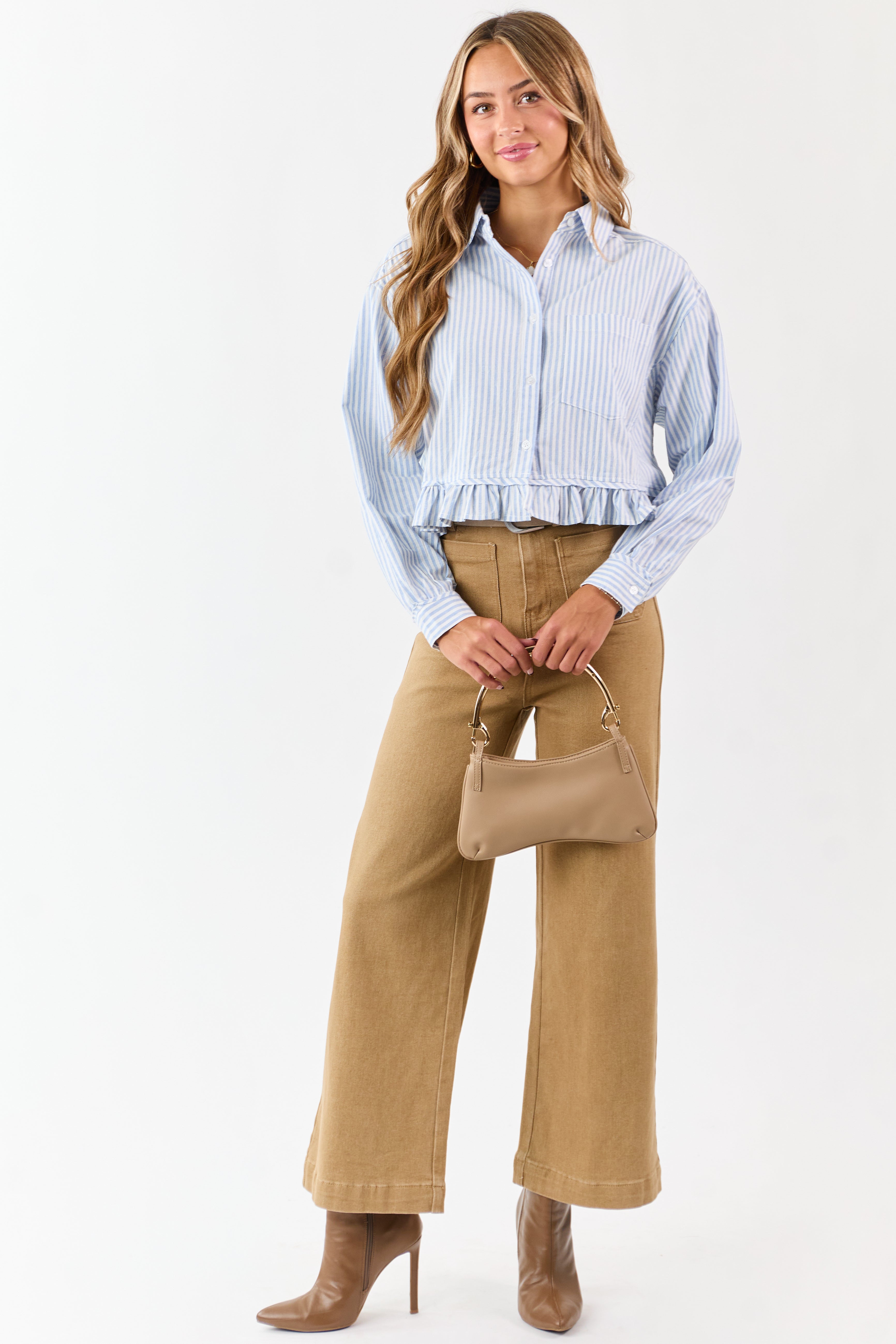Sky Blue and White Striped Cotton Button Up Top