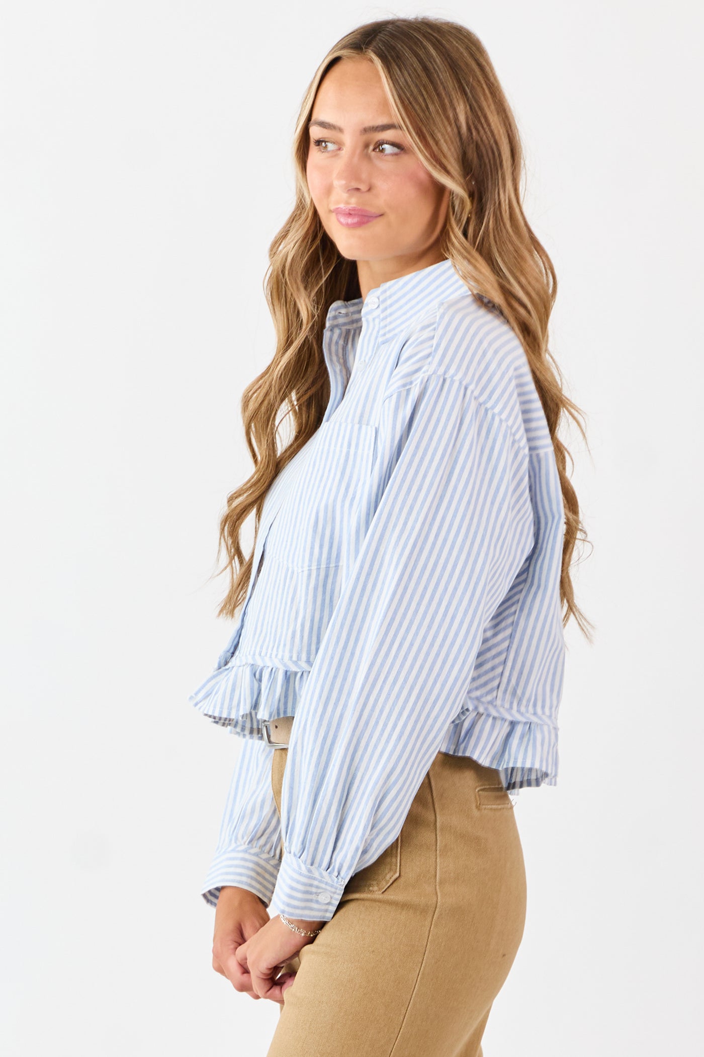 Sky Blue and White Striped Cotton Button Up Top