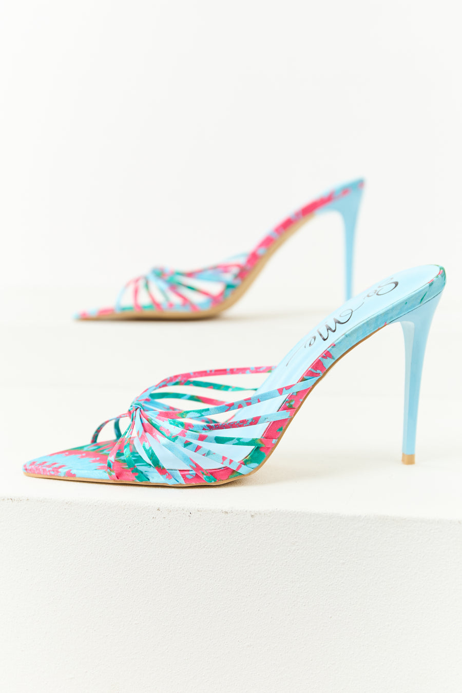 Sky Blue Abstract Print Strappy Pin Heels
