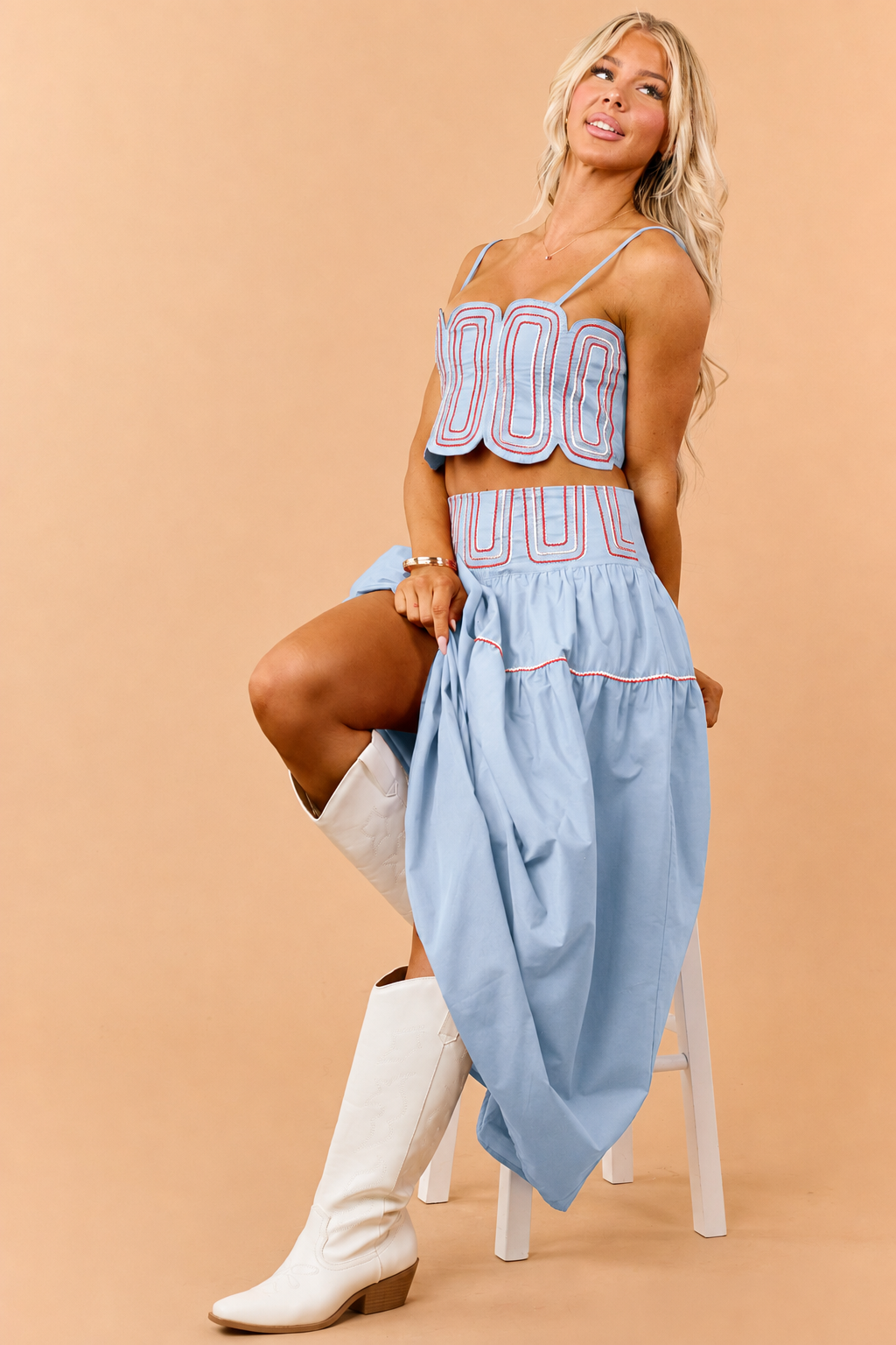 Sky Blue Cotton Contrast Detail Tank Top and Skirt Set