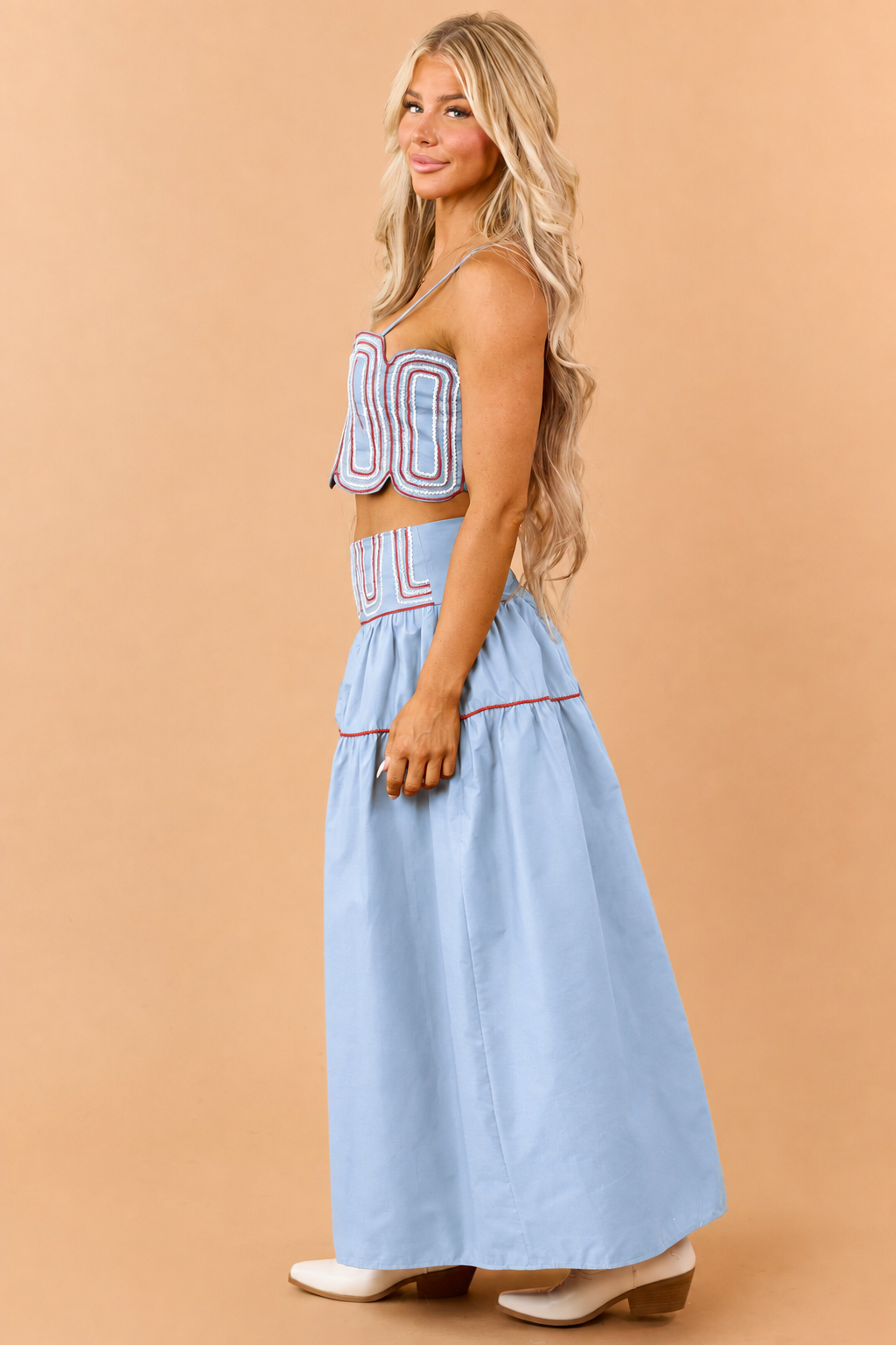 Sky Blue Cotton Contrast Detail Tank Top and Skirt Set