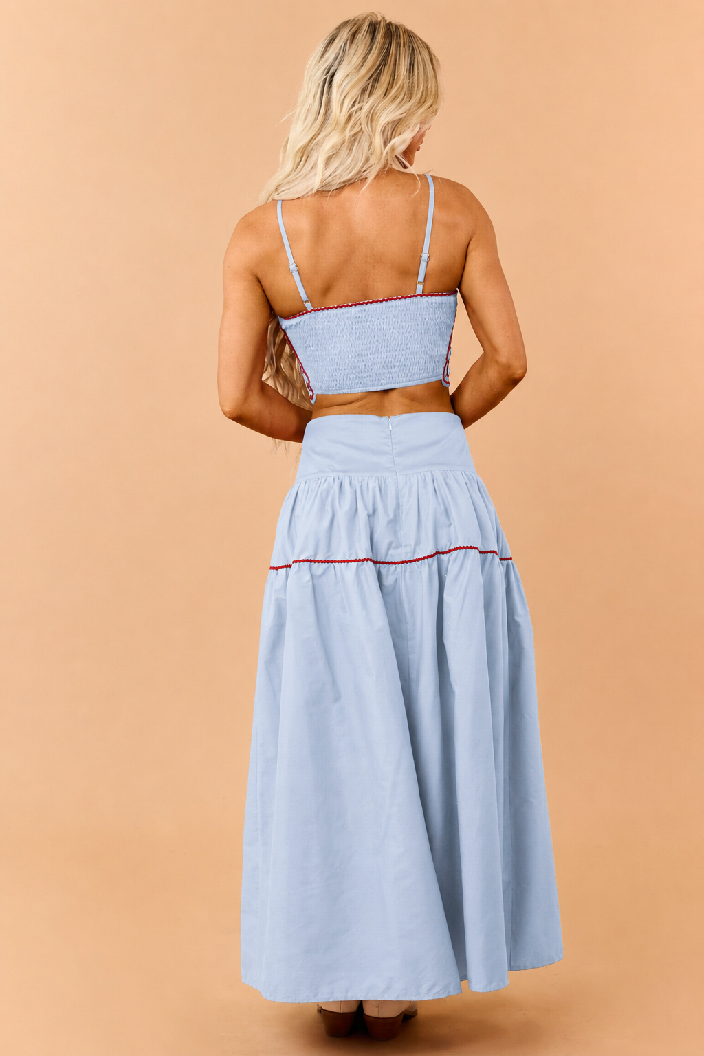 Sky Blue Cotton Contrast Detail Tank Top and Skirt Set