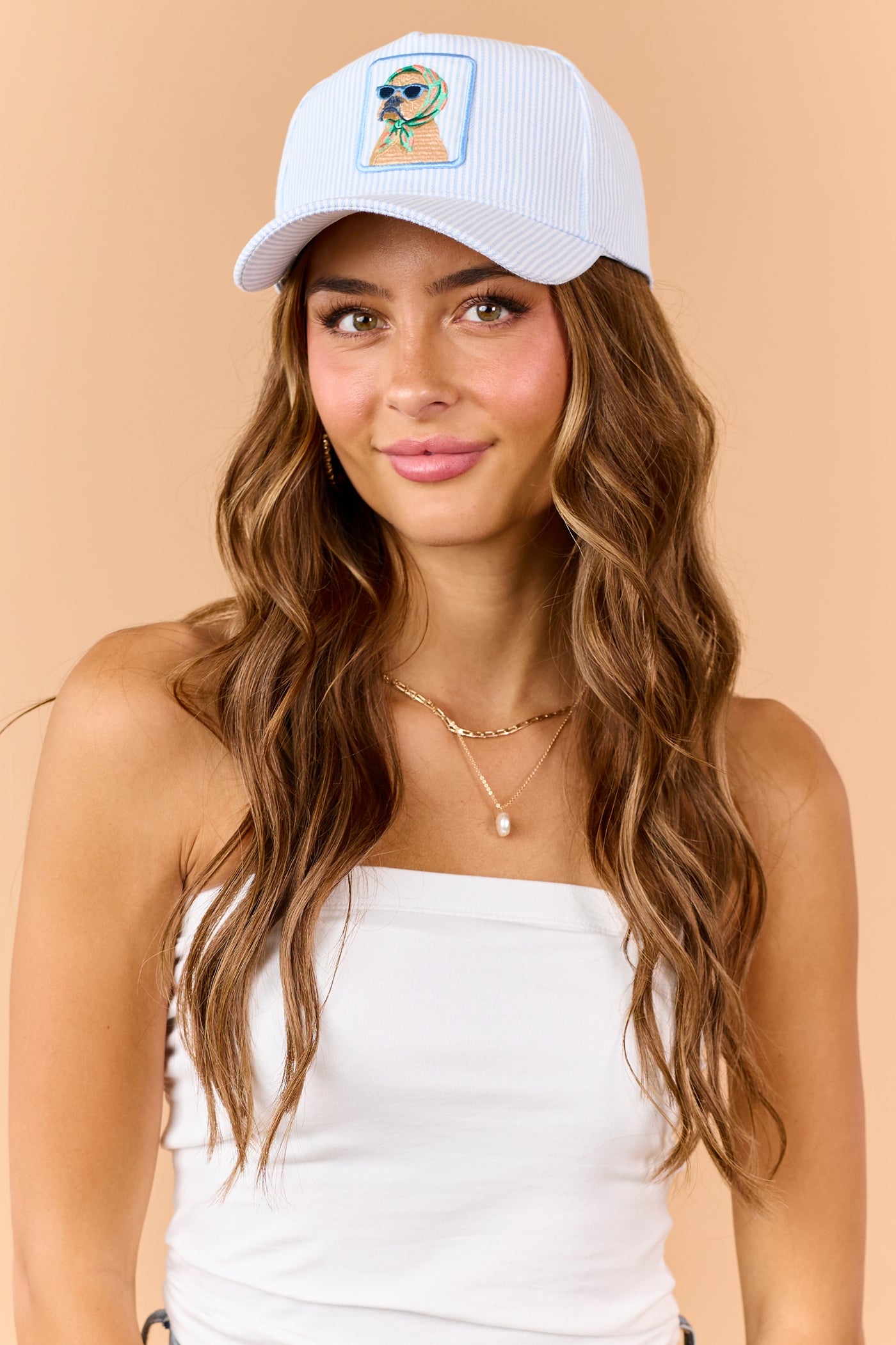 Sky Blue Striped Bulldog Embroidered Patch Hat