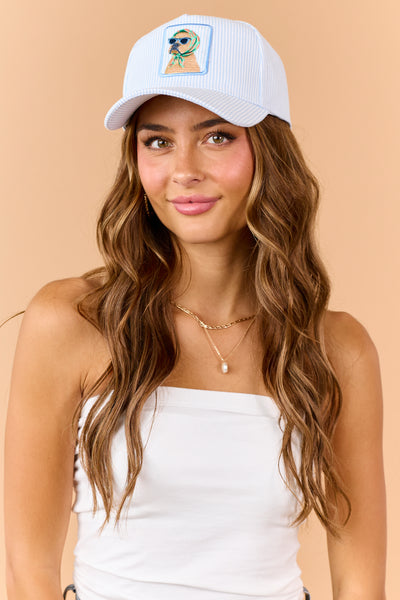Sky Blue Striped Bulldog Embroidered Patch Hat