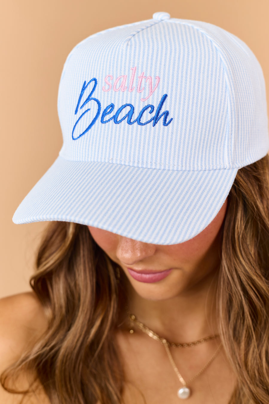 Sky Blue Striped 'Salty Beach' Embroidered Trucker Hat