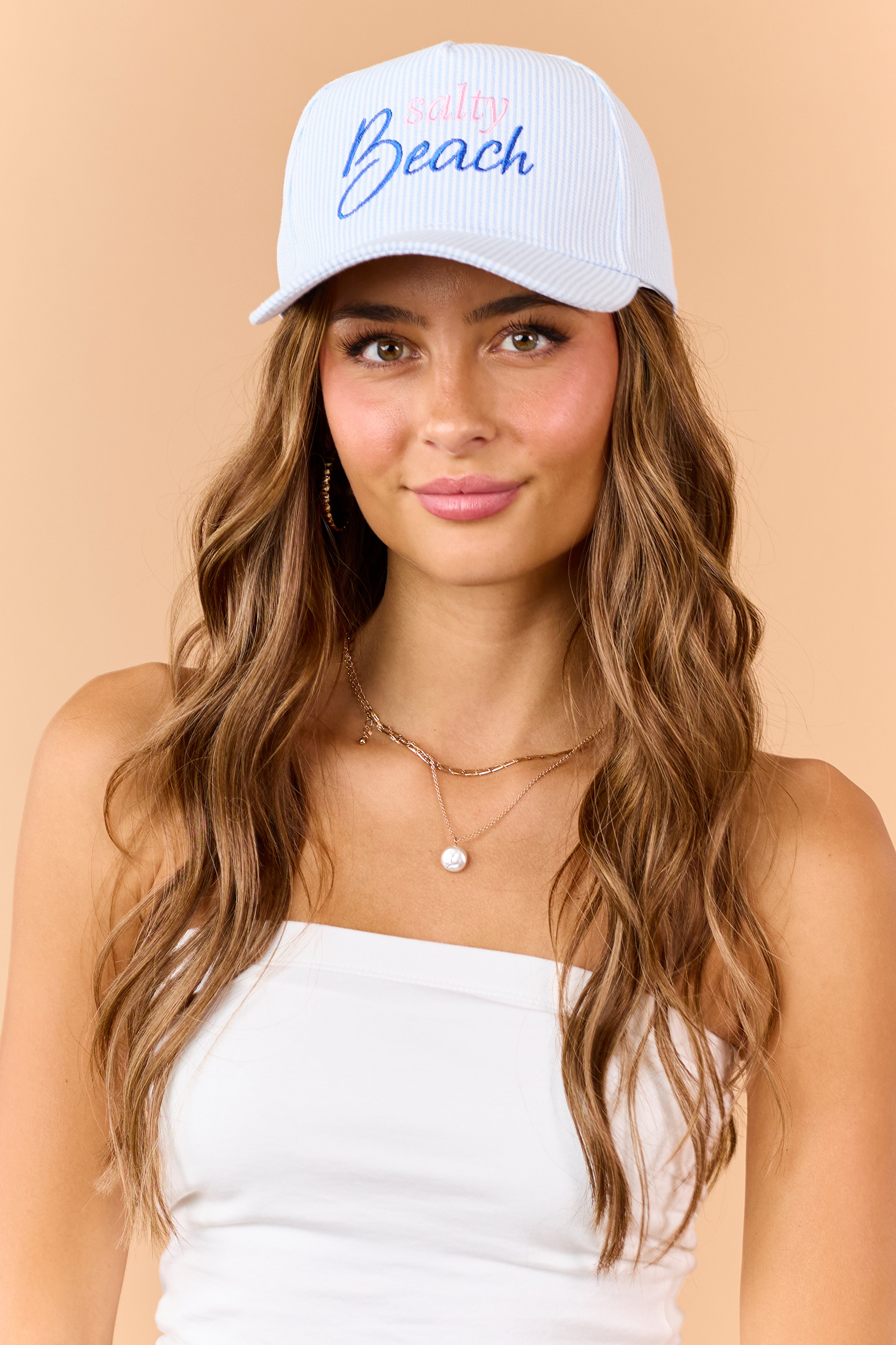Sky Blue Striped 'Salty Beach' Embroidered Trucker Hat