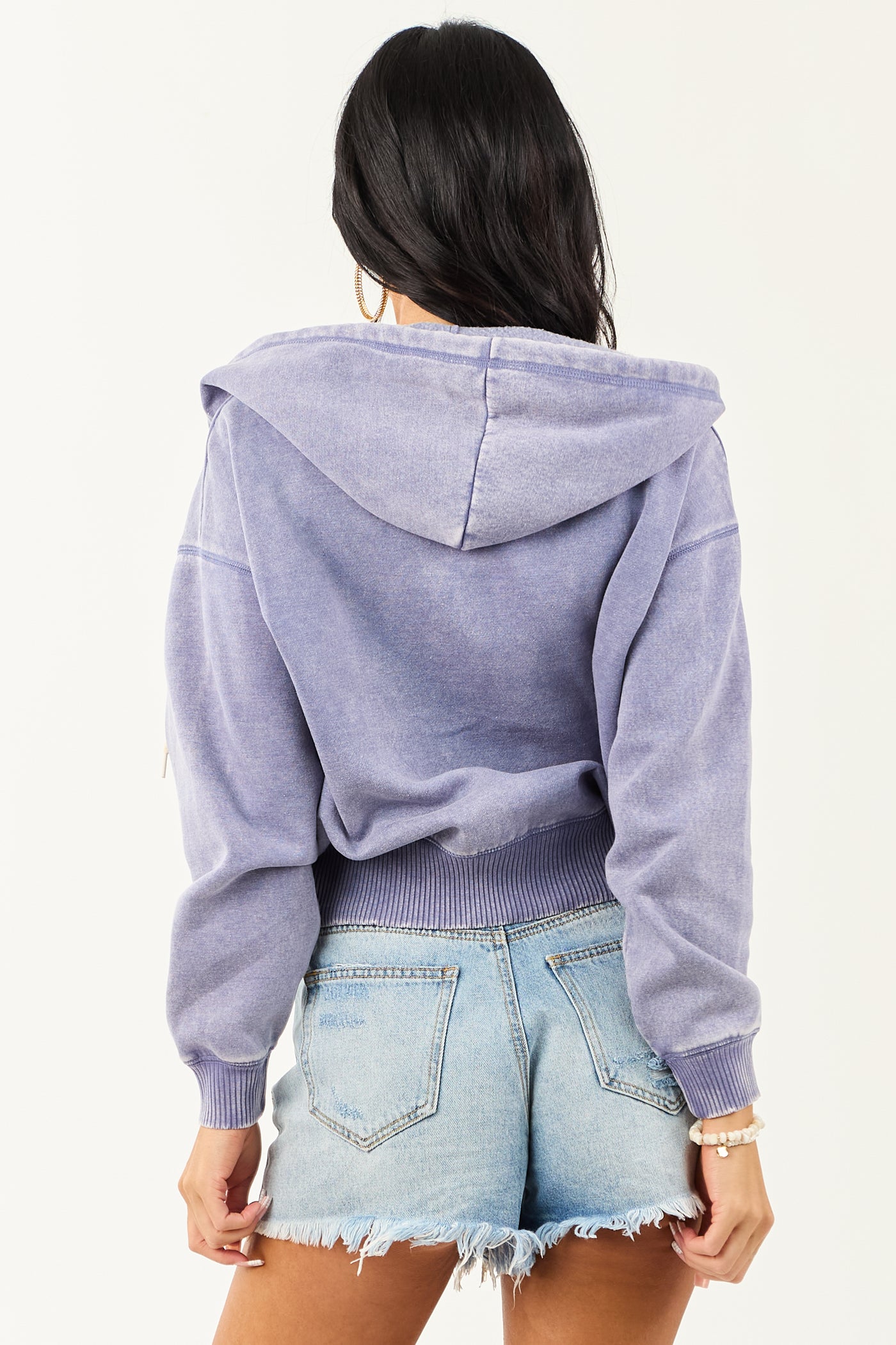 Slate Blue Acid Wash Fleece Lined Zip Up Hoodie