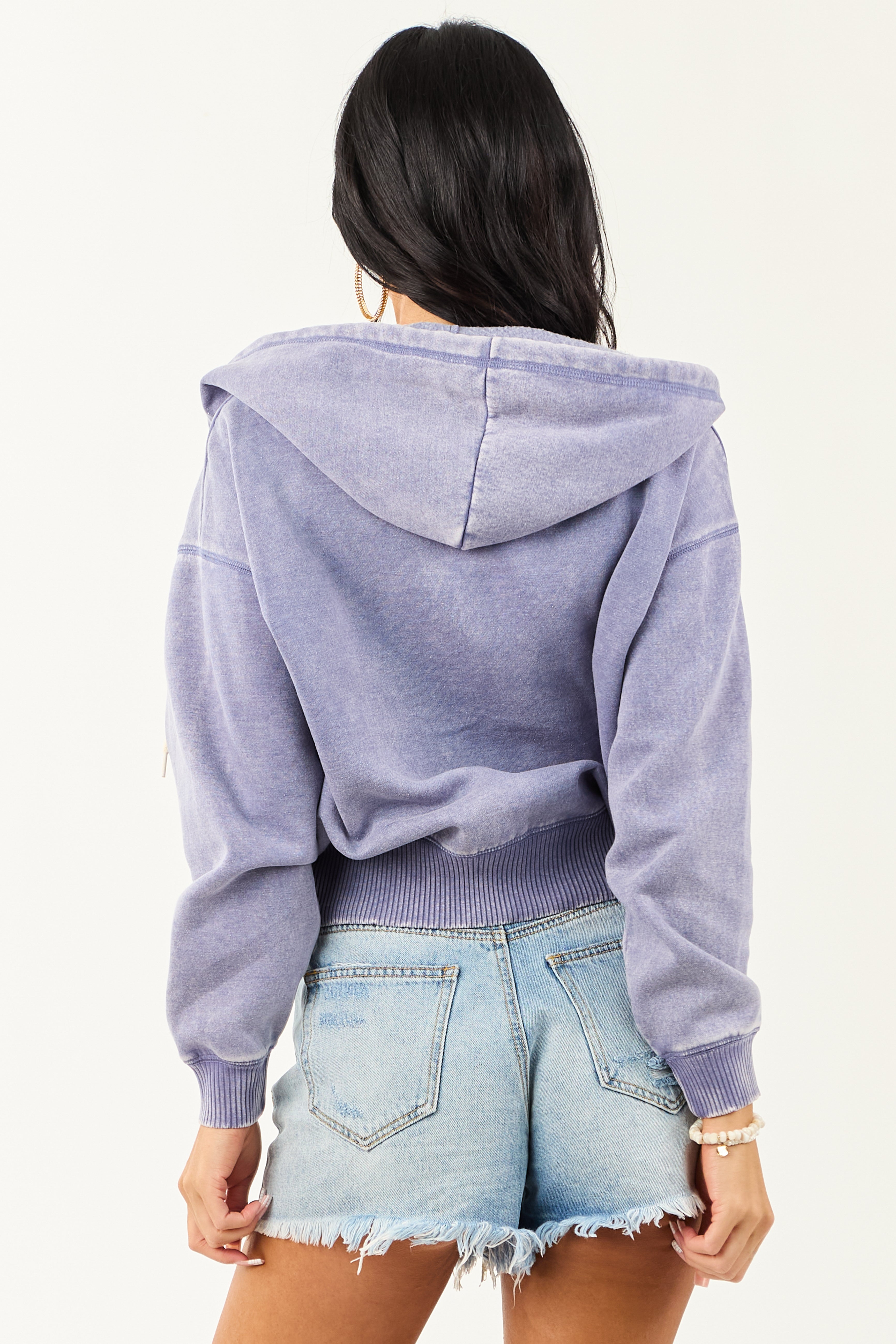 Slate Blue Acid Wash Fleece Lined Zip Up Hoodie