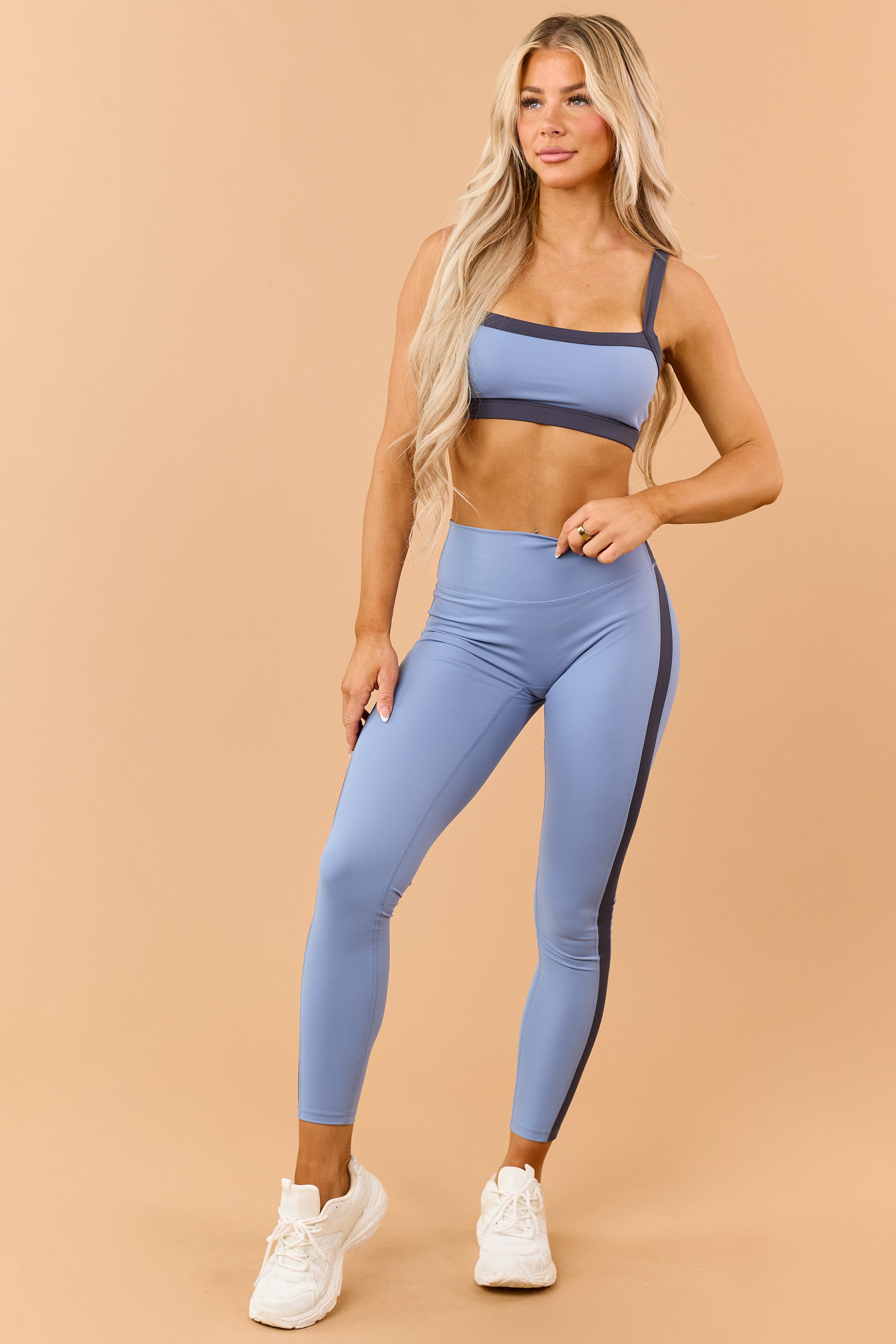 Slate Blue Contrast Side Stripe High Rise Leggings | Lime Lush