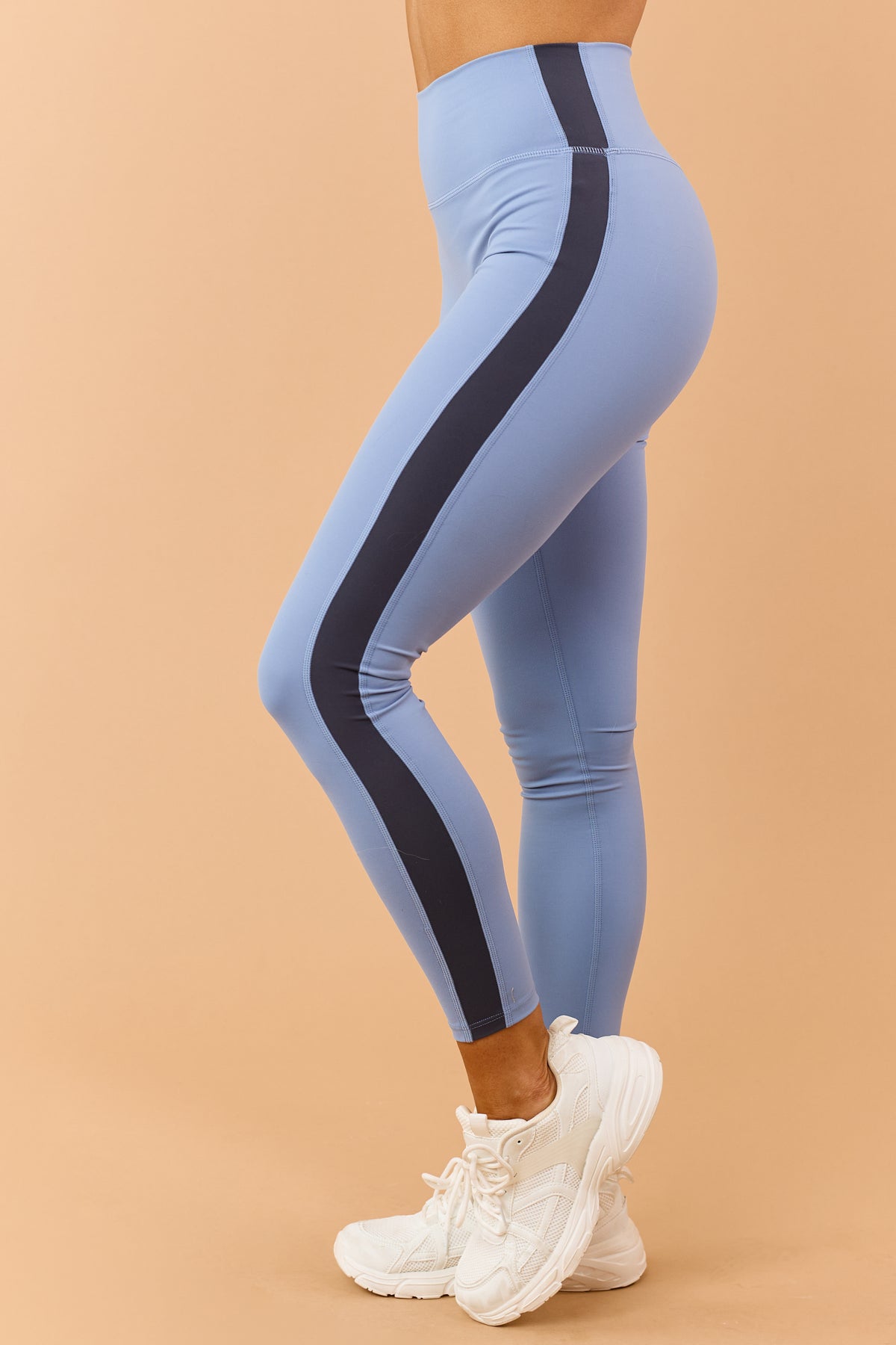 Slate Blue Contrast Side Stripe High Rise Leggings