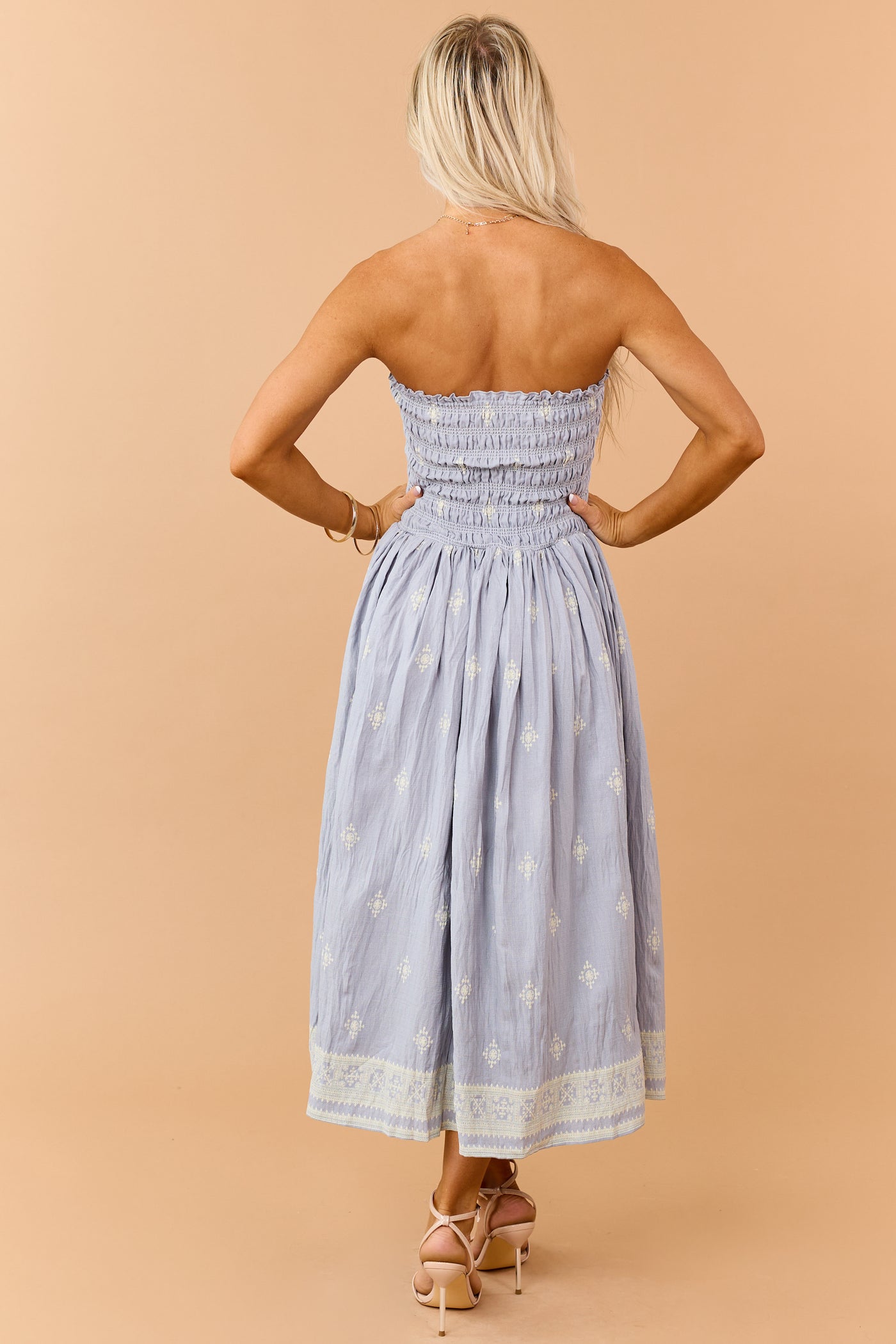 Slate Blue Cotton Smocked Strapless Midi Dress