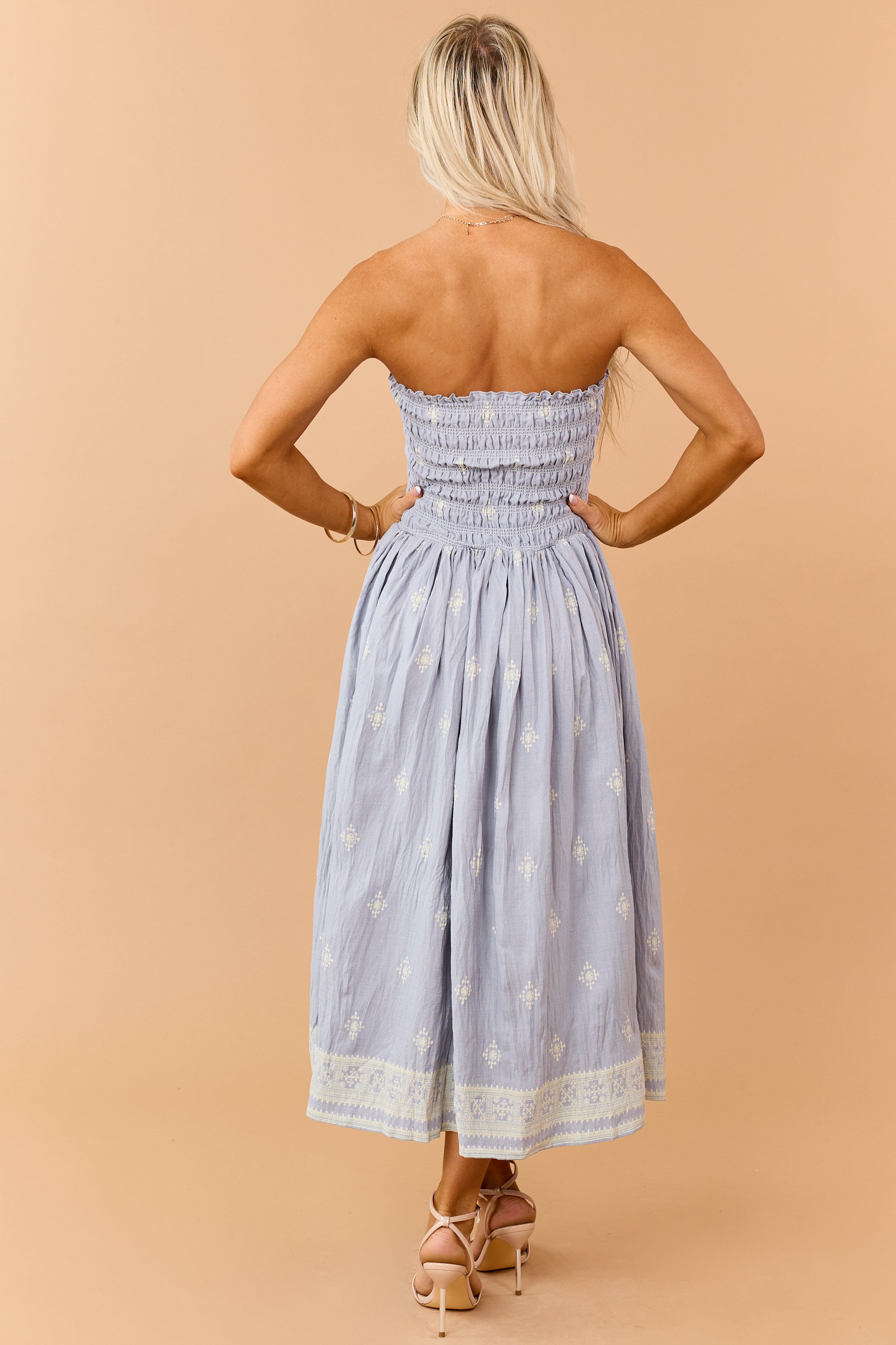 Slate Blue Cotton Smocked Strapless Midi Dress