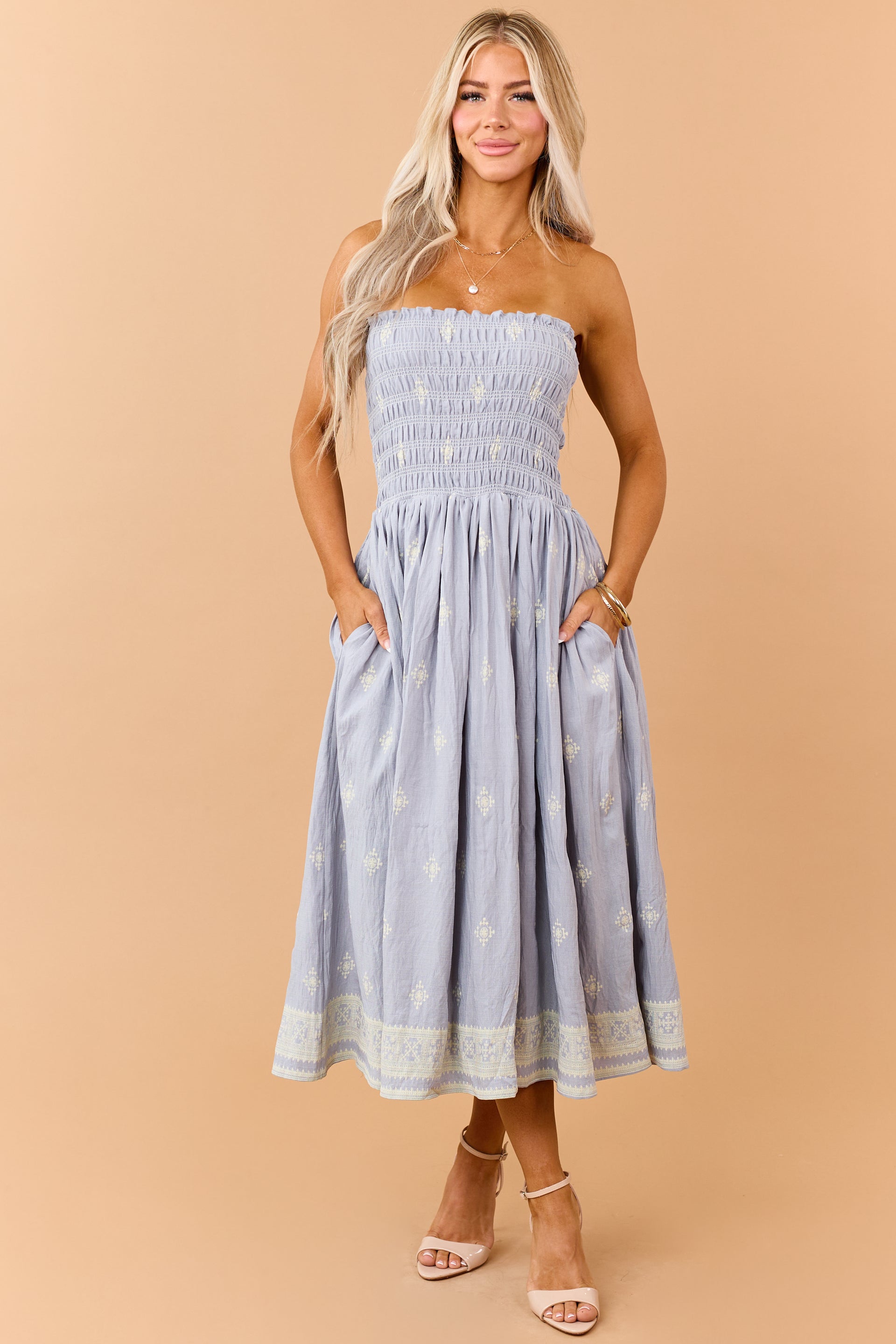 strapless smocked midi dress O'NEILL Devyn Womens Smocked Strapless Midi Dress - IVORY - L