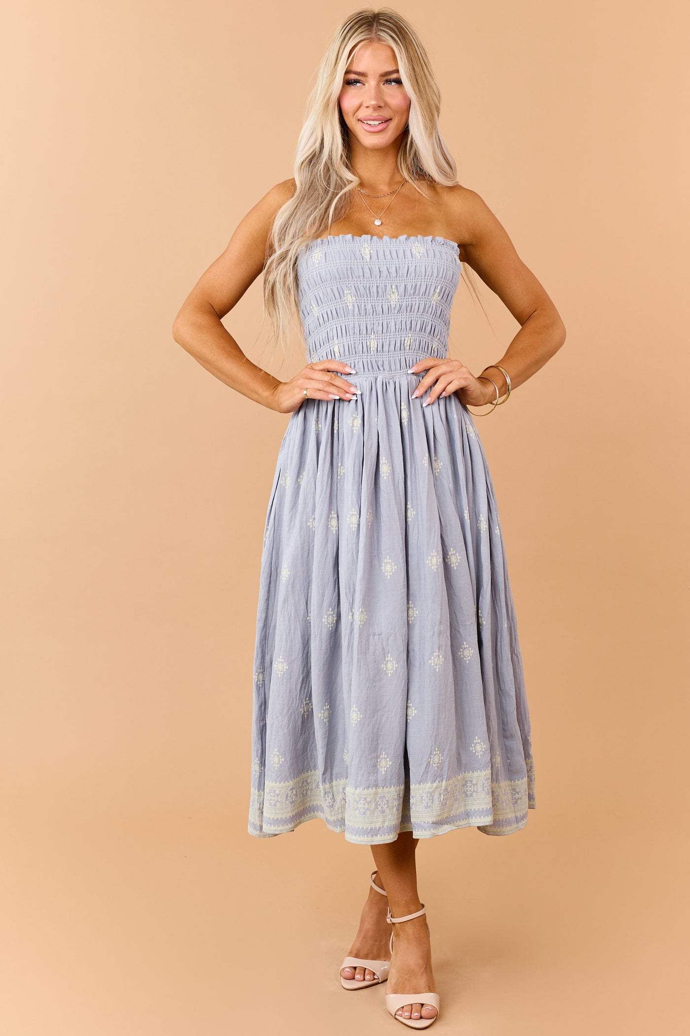 Slate Blue Cotton Smocked Strapless Midi Dress