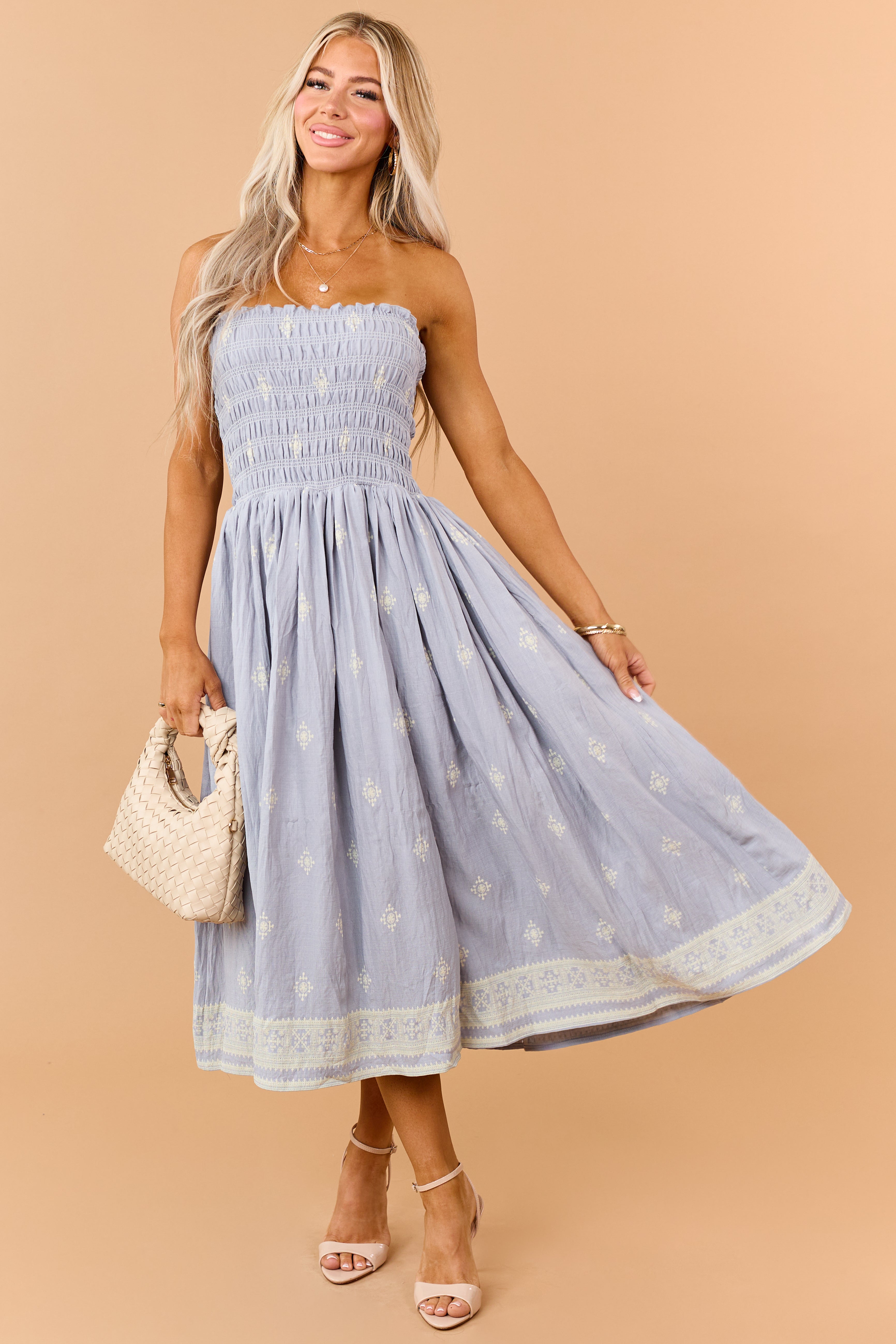 Slate Blue Cotton Smocked Strapless Midi Dress