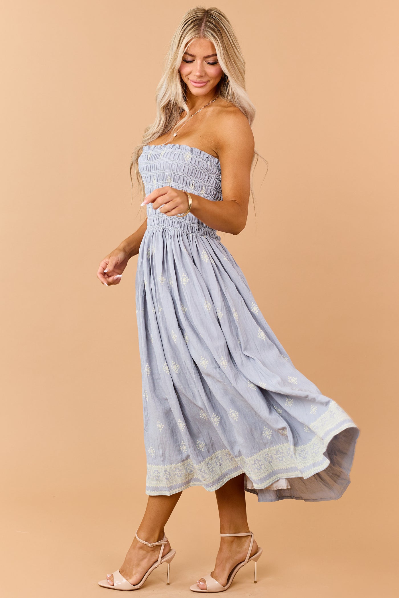Slate Blue Cotton Smocked Strapless Midi Dress