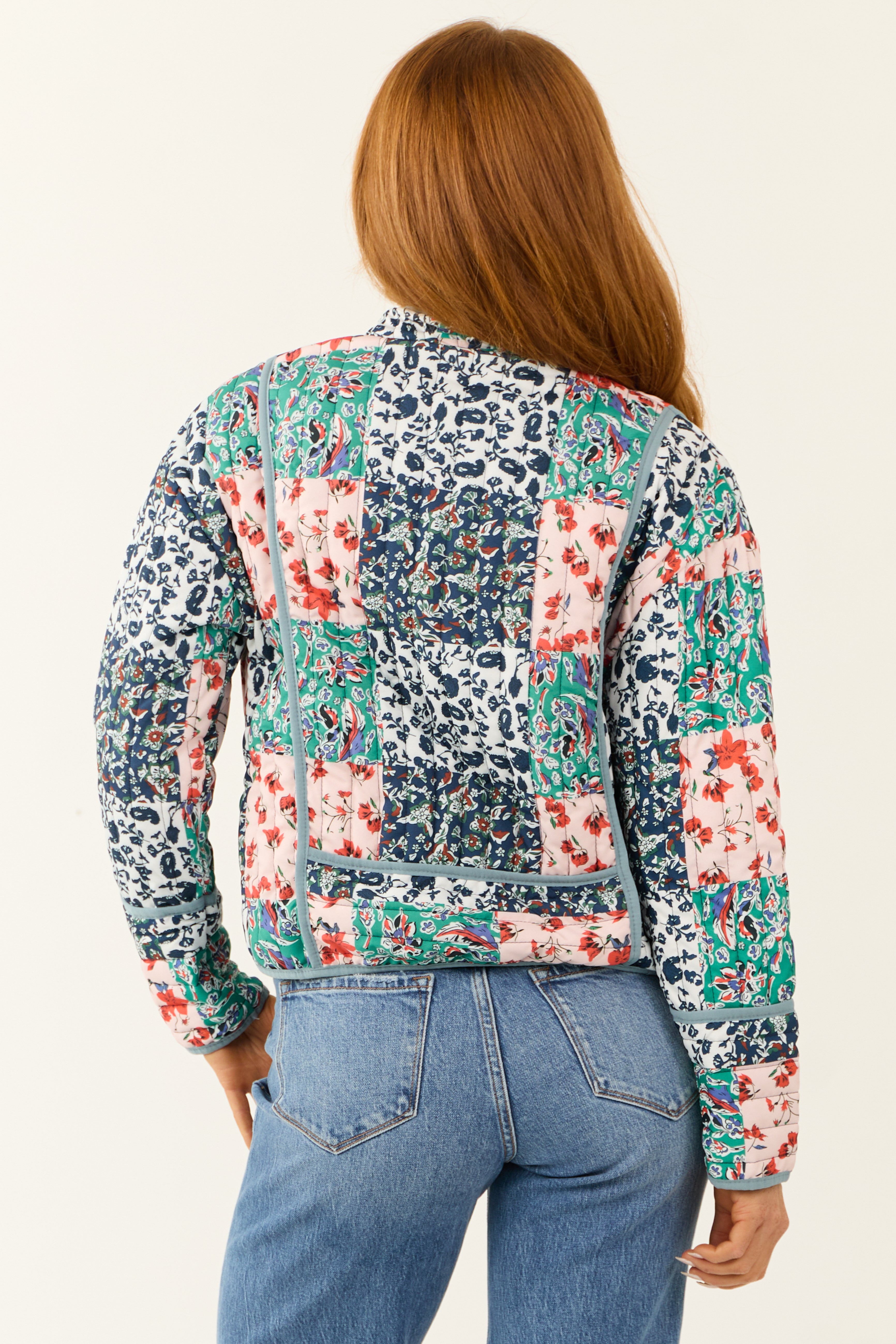 Slate Blue Floral Multiprint Quilted Jacket | Lime Lush Boutique