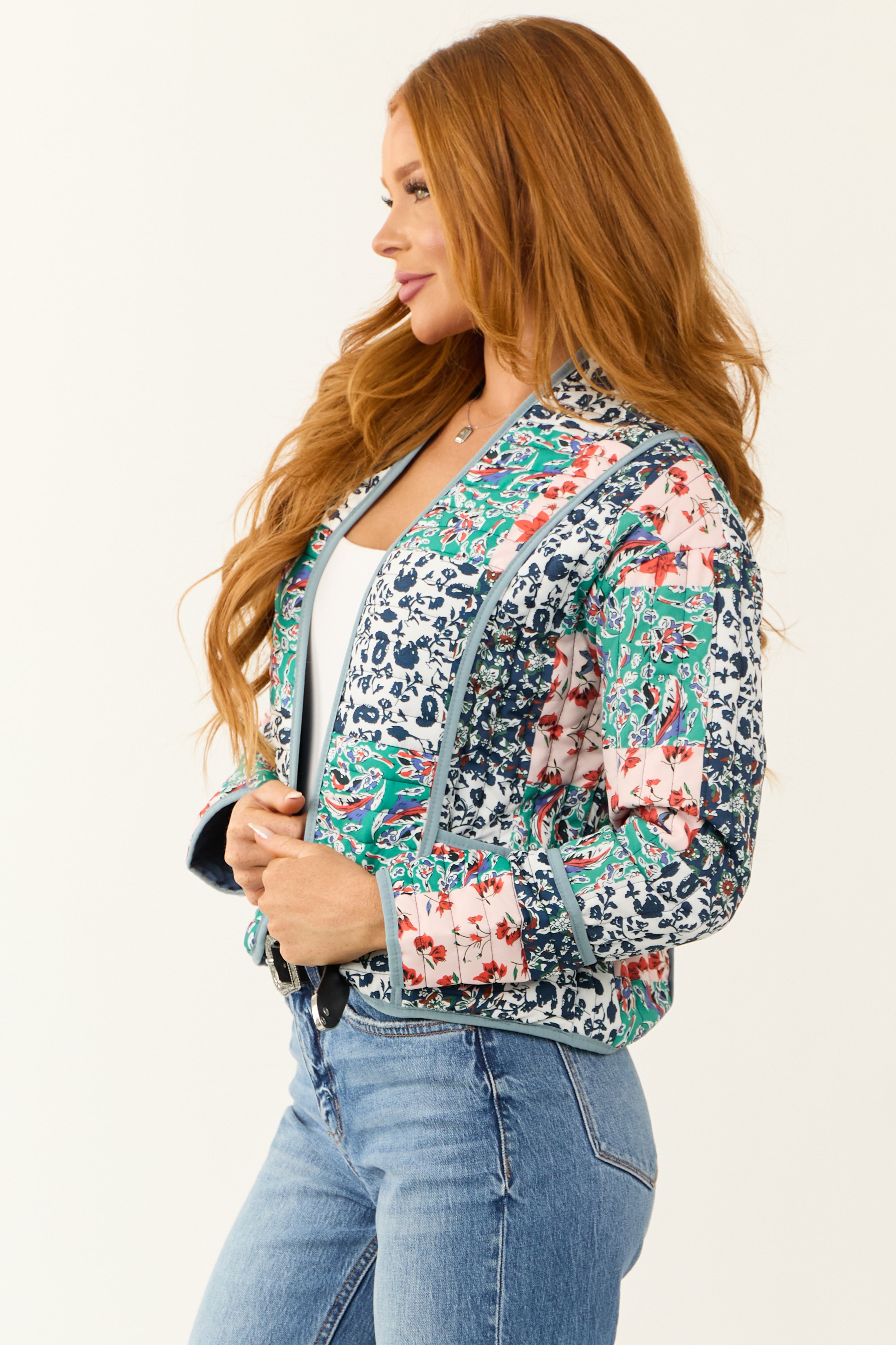 Slate Blue Floral Multiprint Quilted Jacket | Lime Lush Boutique
