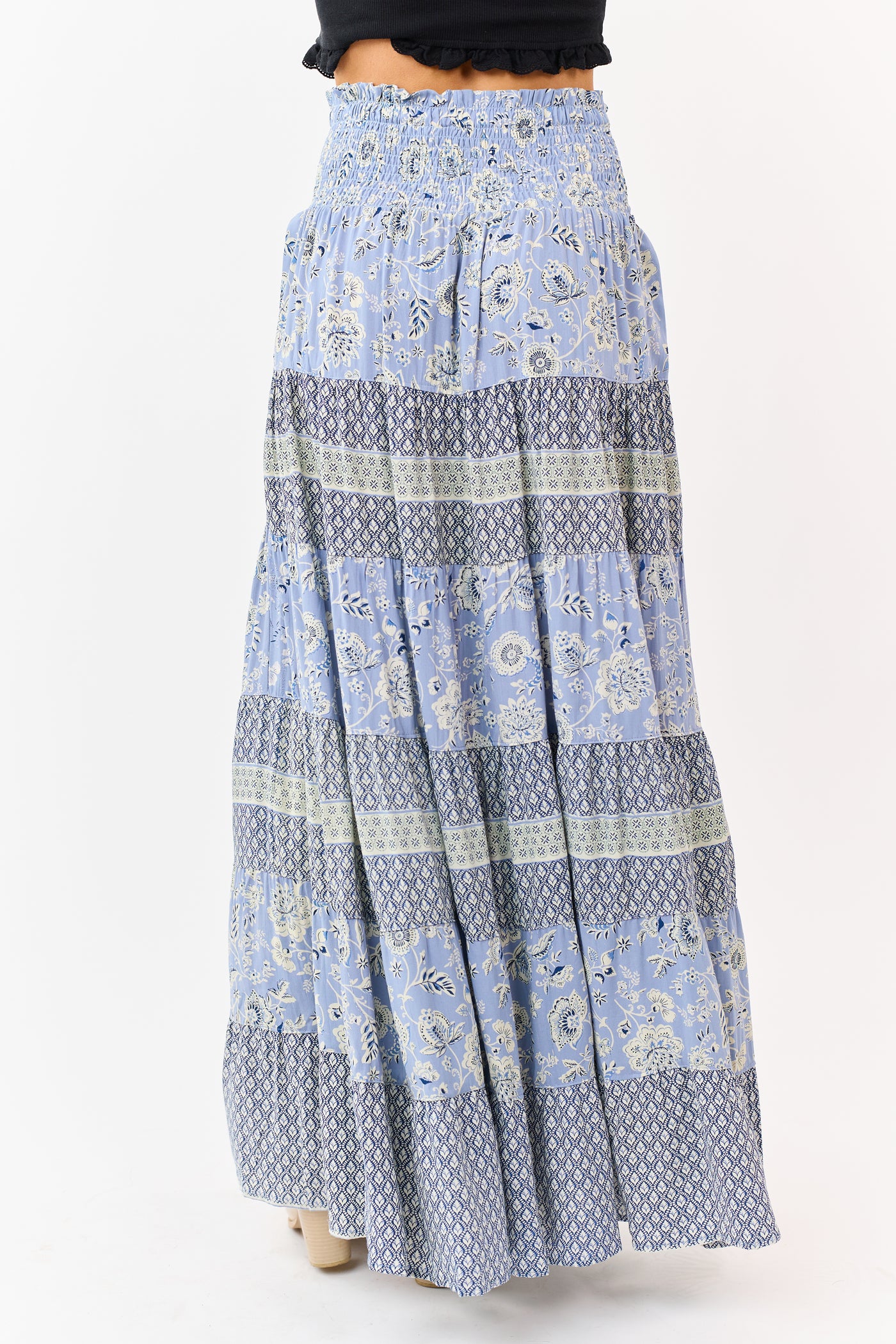 Slate Blue Floral Print Tiered Smocked Maxi Skirt