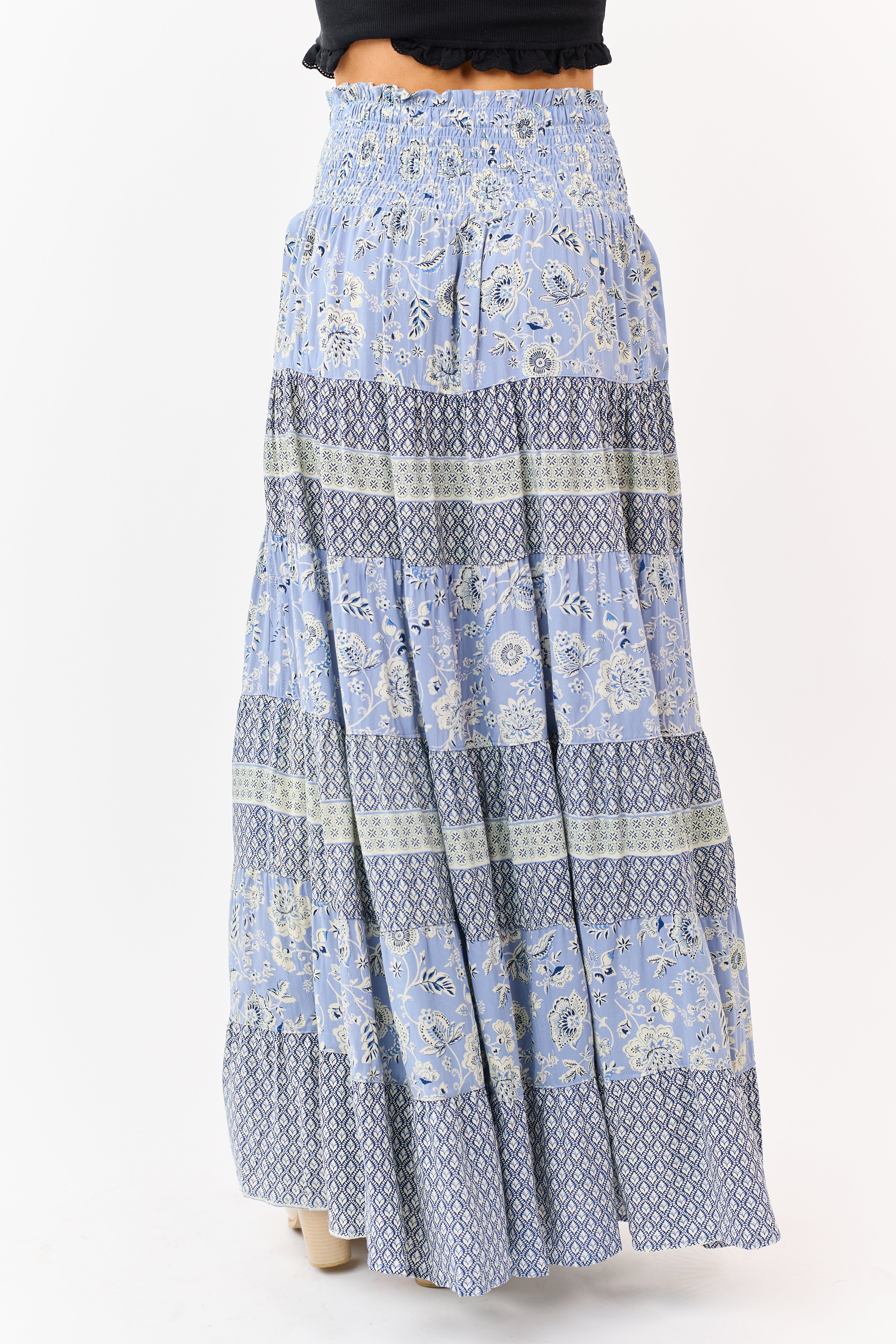 Slate Blue Floral Print Tiered Smocked Maxi Skirt