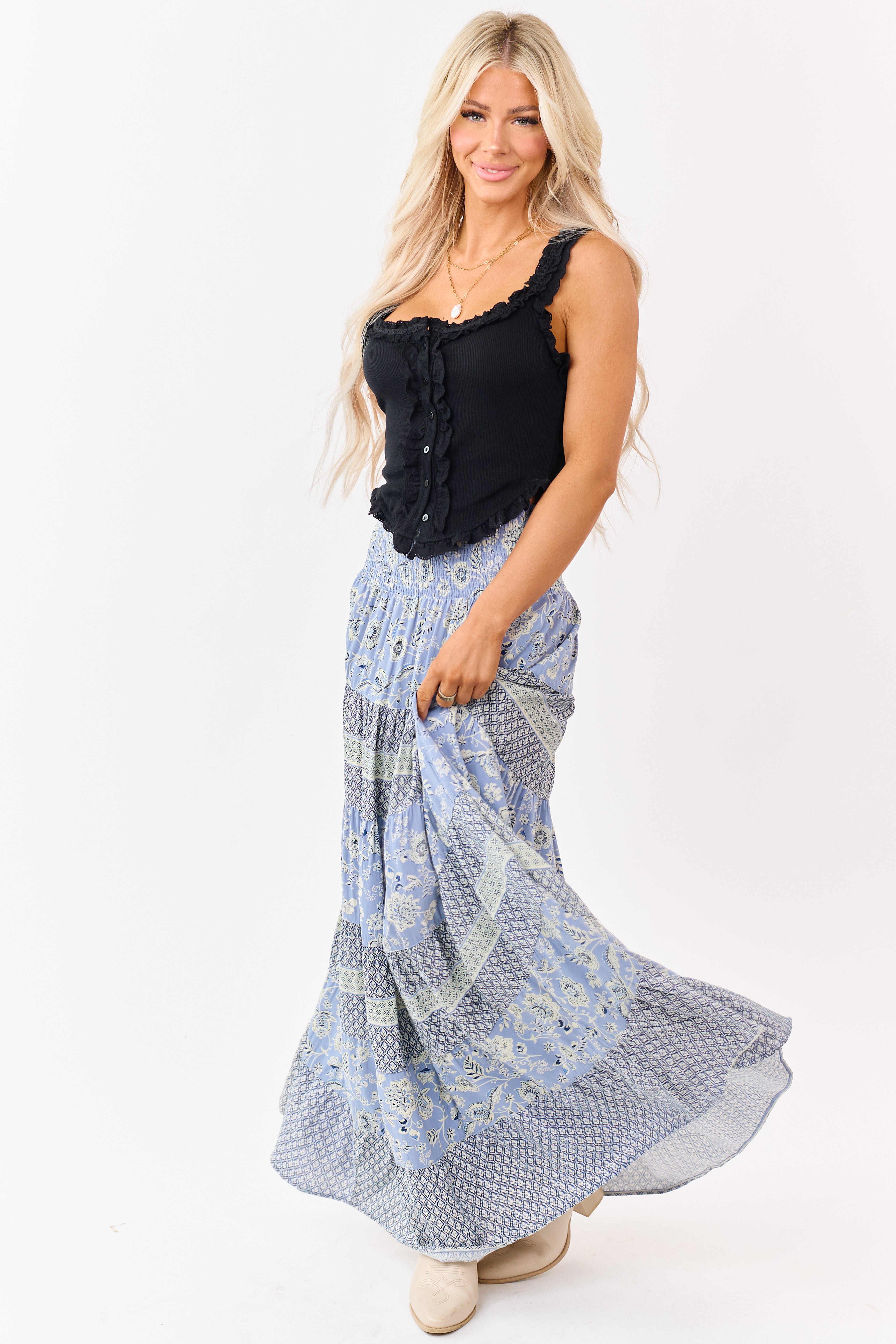 Slate Blue Floral Print Tiered Smocked Maxi Skirt