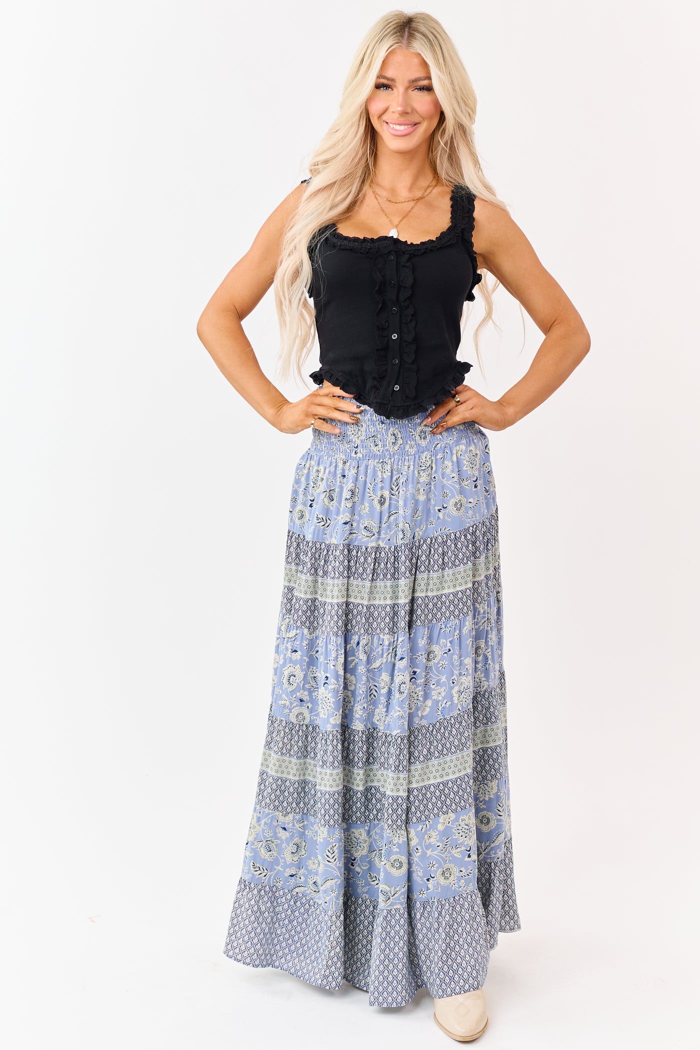 Slate Blue Floral Print Tiered Smocked Maxi Skirt
