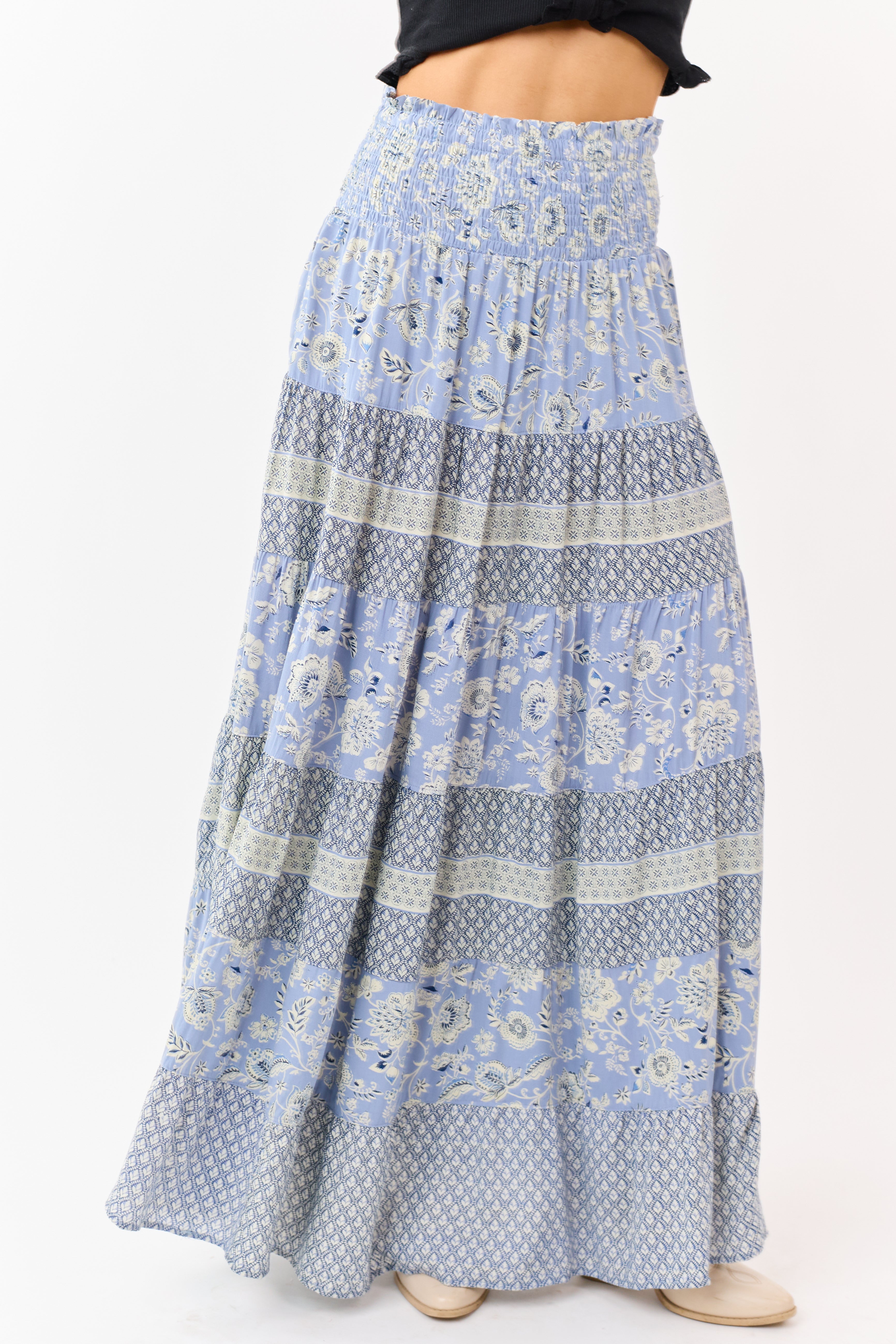 Slate Blue Floral Print Tiered Smocked Maxi Skirt
