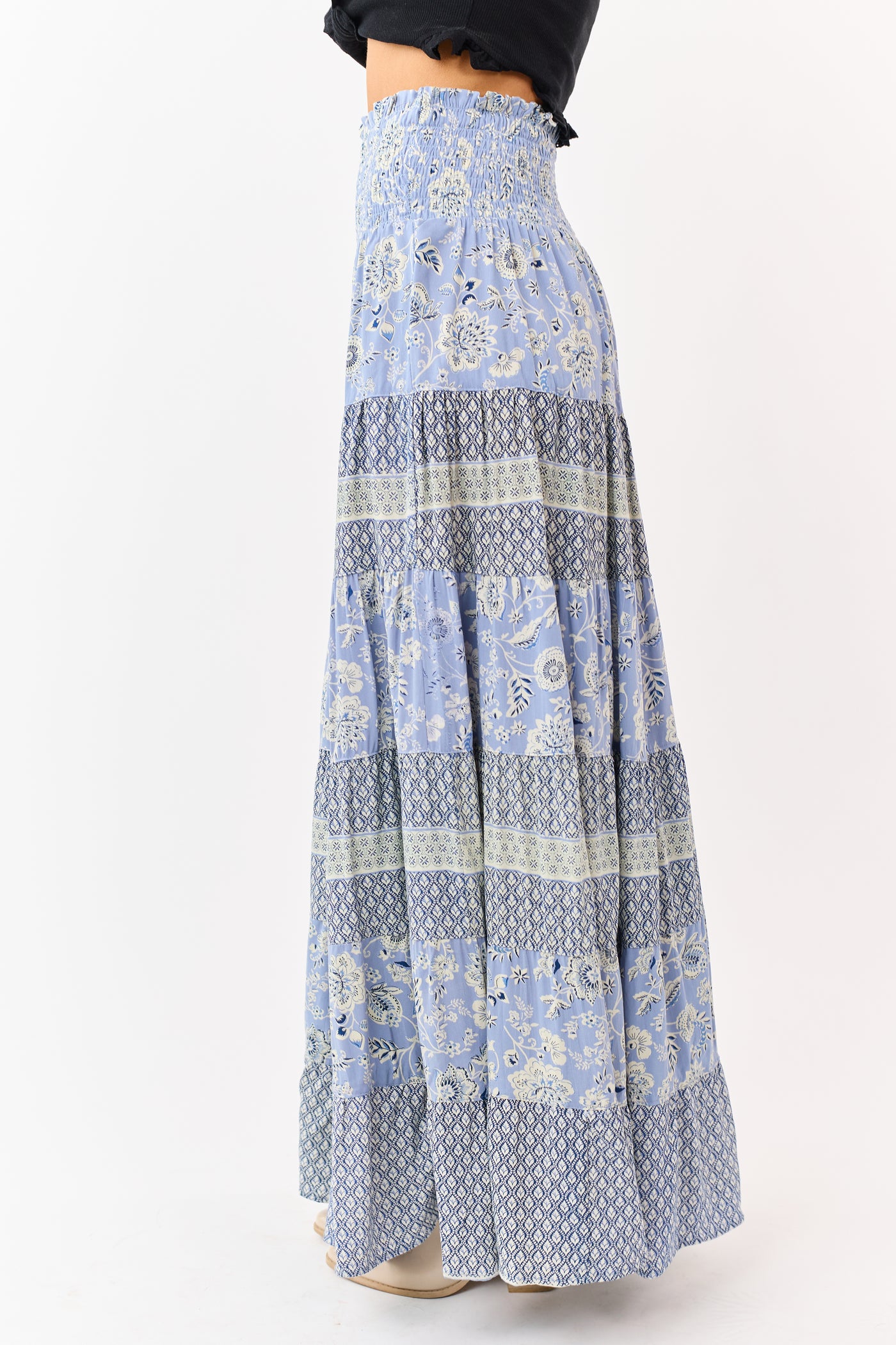 Slate Blue Floral Print Tiered Smocked Maxi Skirt