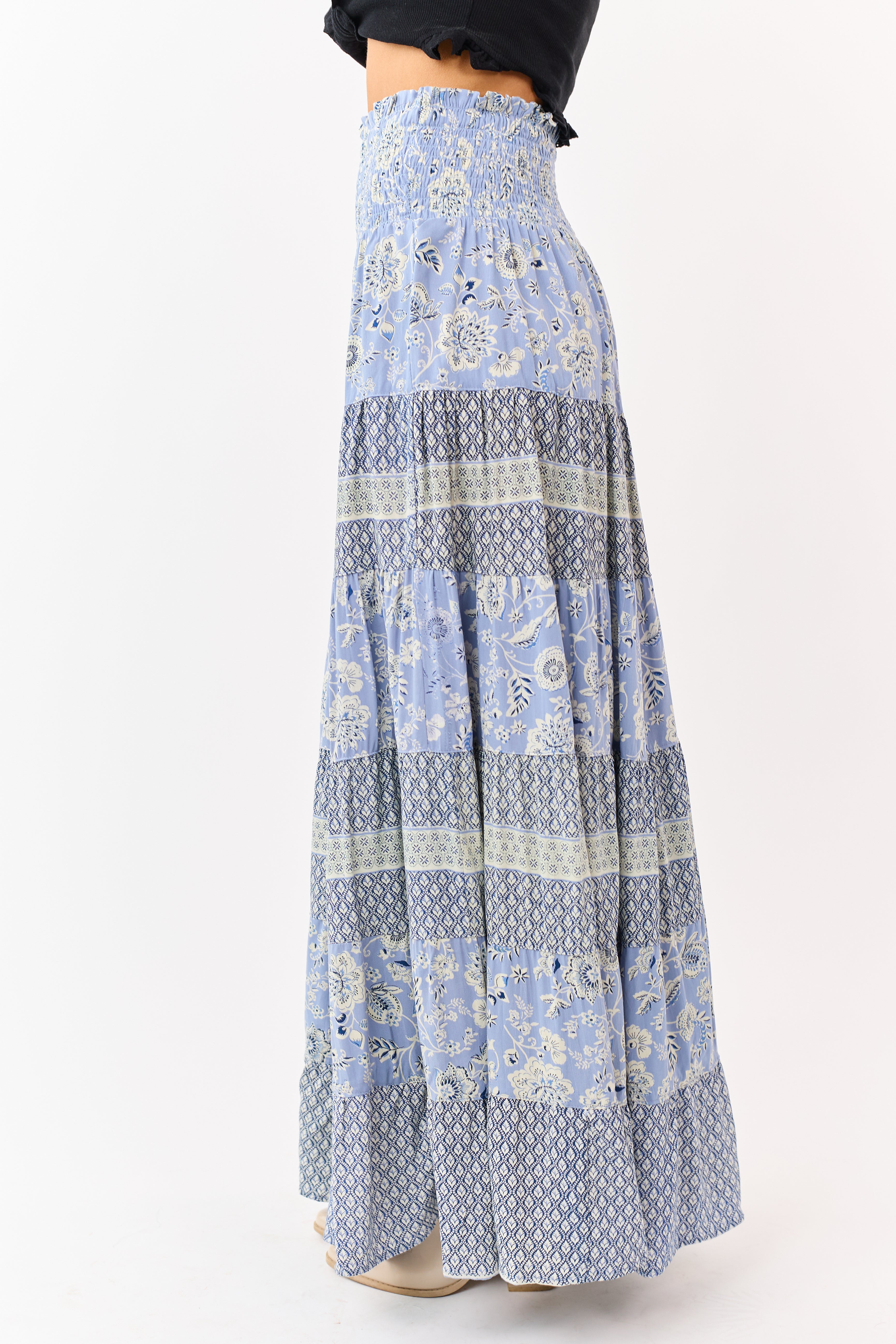 Slate Blue Floral Print Tiered Smocked Maxi Skirt