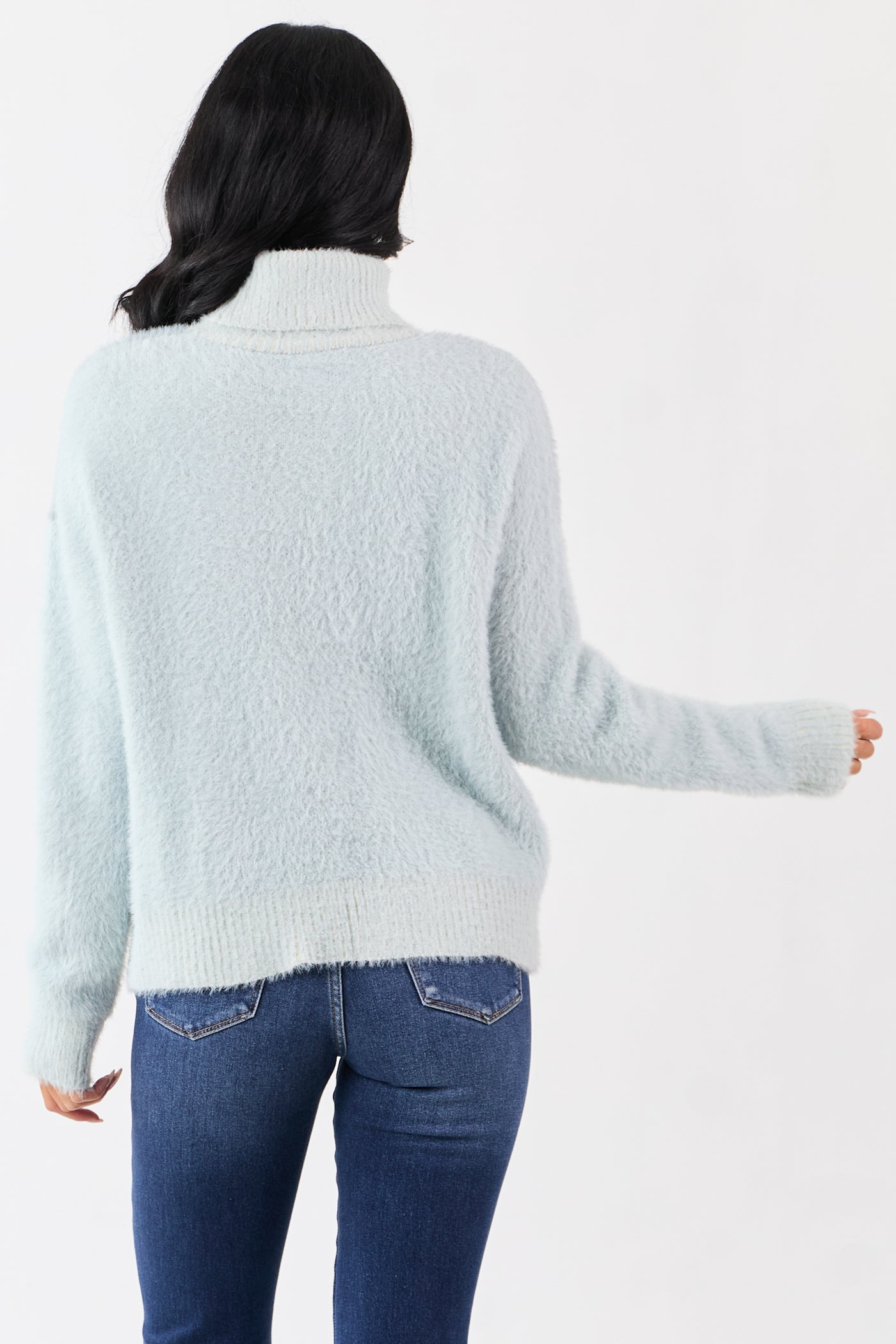 Slate Blue Fuzzy Turtleneck Colorblock Sweater