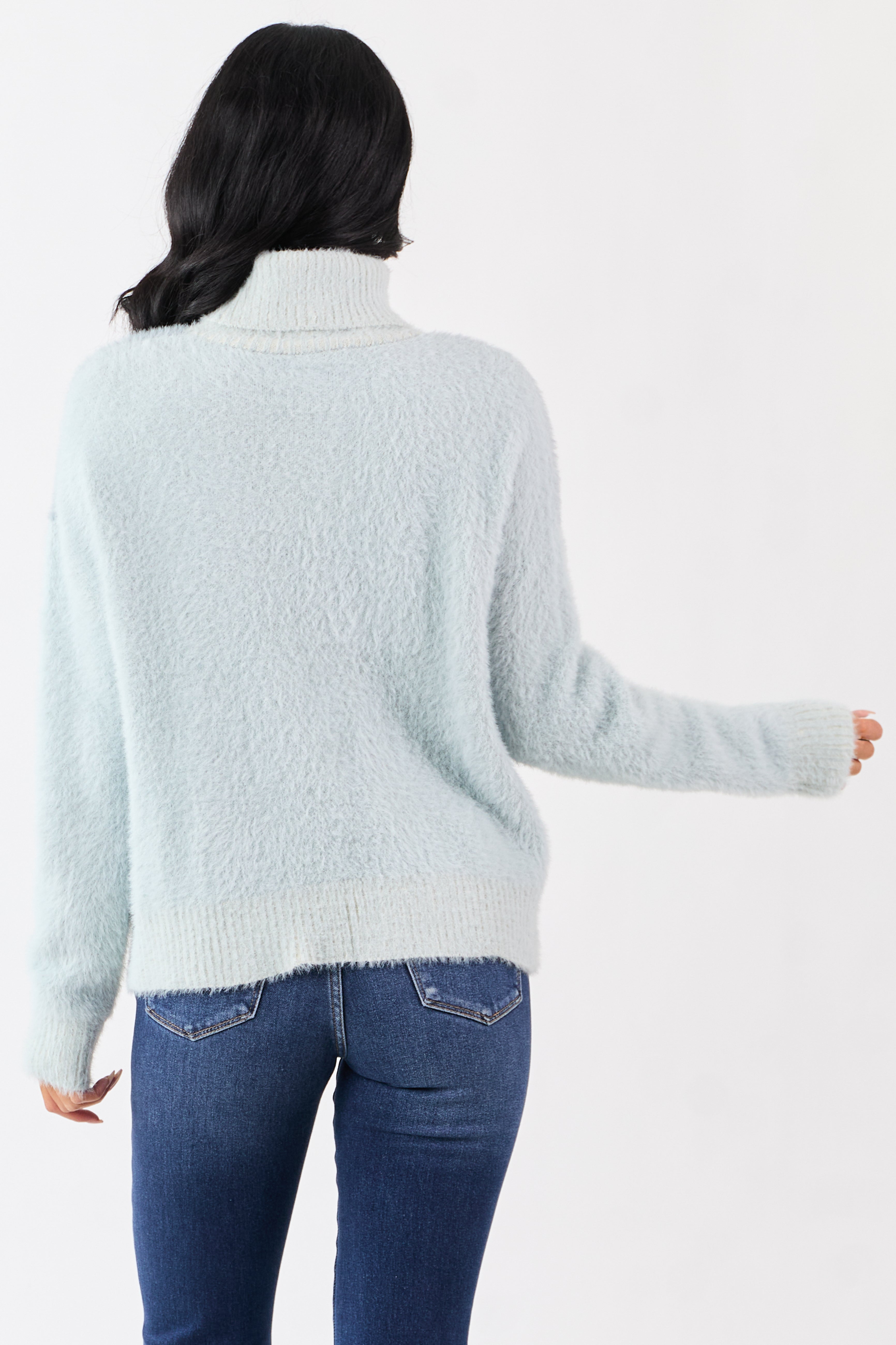 Slate Blue Fuzzy Turtleneck Colorblock Sweater