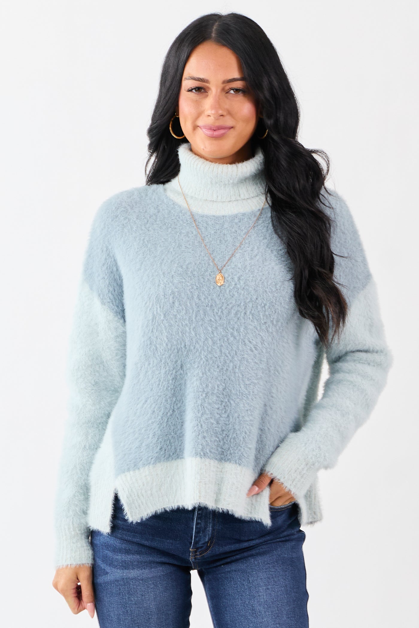 Slate Blue Fuzzy Turtleneck Colorblock Sweater