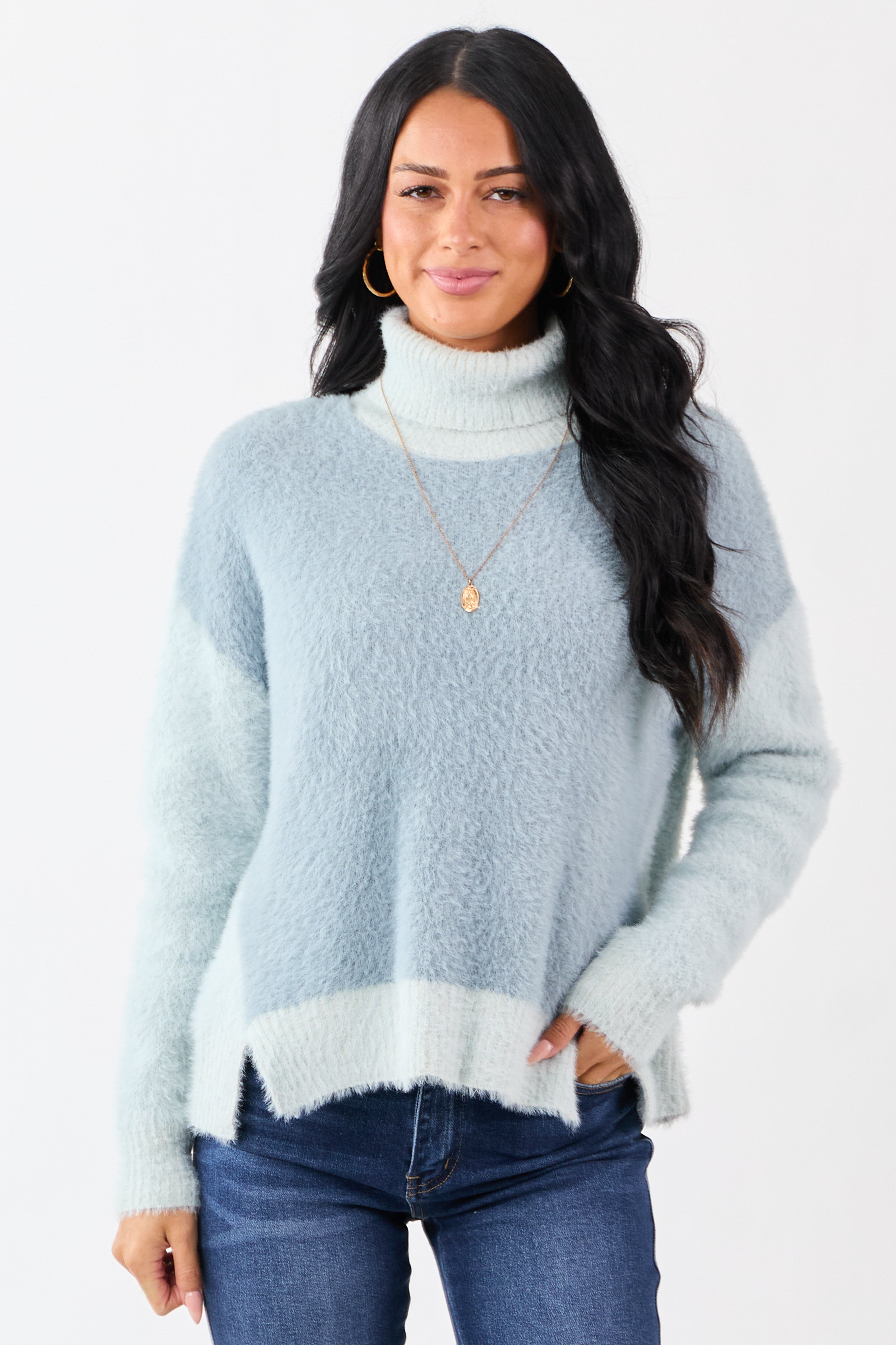 Slate Blue Fuzzy Turtleneck Colorblock Sweater