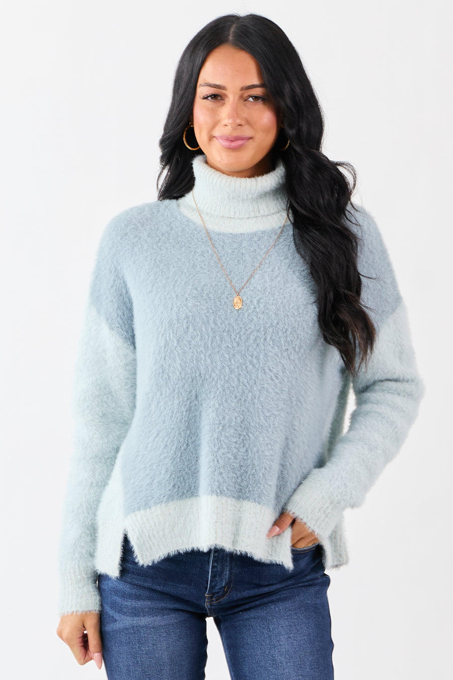 Slate Blue Fuzzy Turtleneck Colorblock Sweater