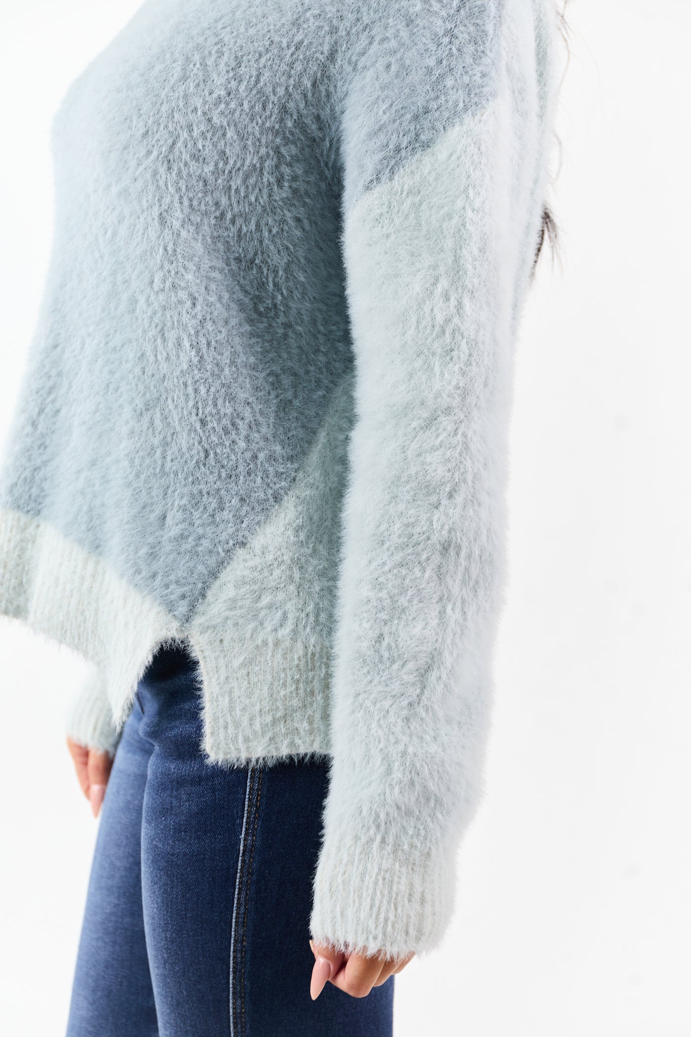 Slate Blue Fuzzy Turtleneck Colorblock Sweater