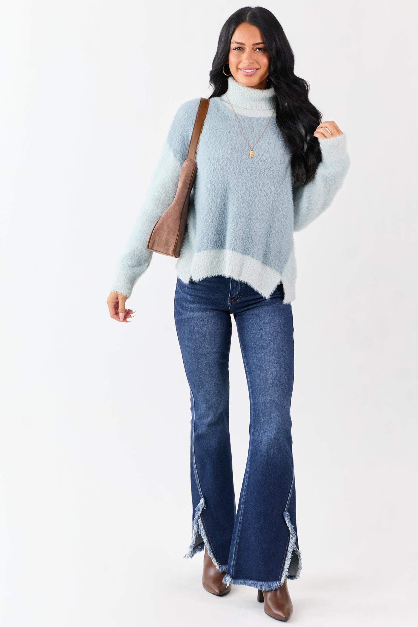 Slate Blue Fuzzy Turtleneck Colorblock Sweater