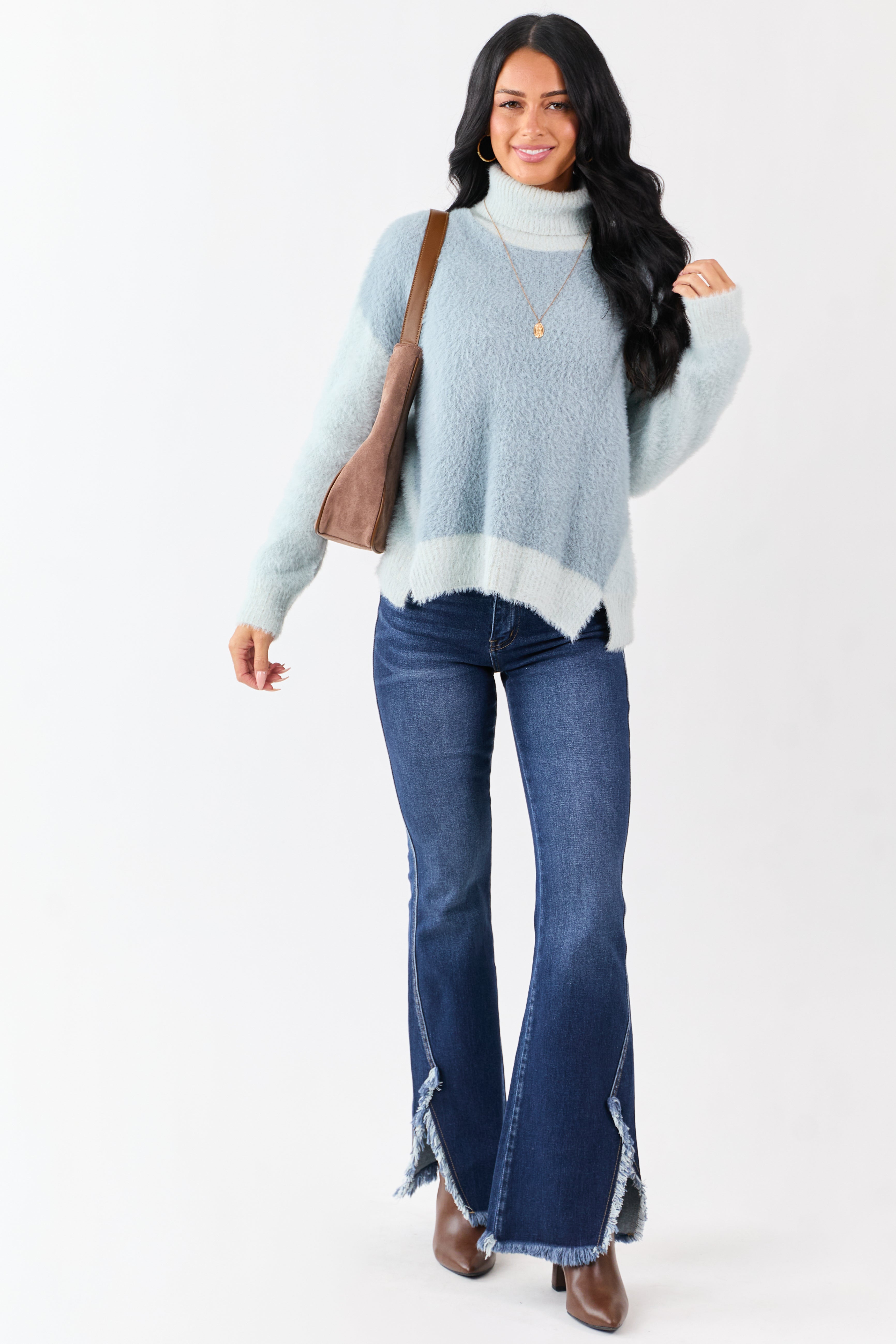 Slate Blue Fuzzy Turtleneck Colorblock Sweater