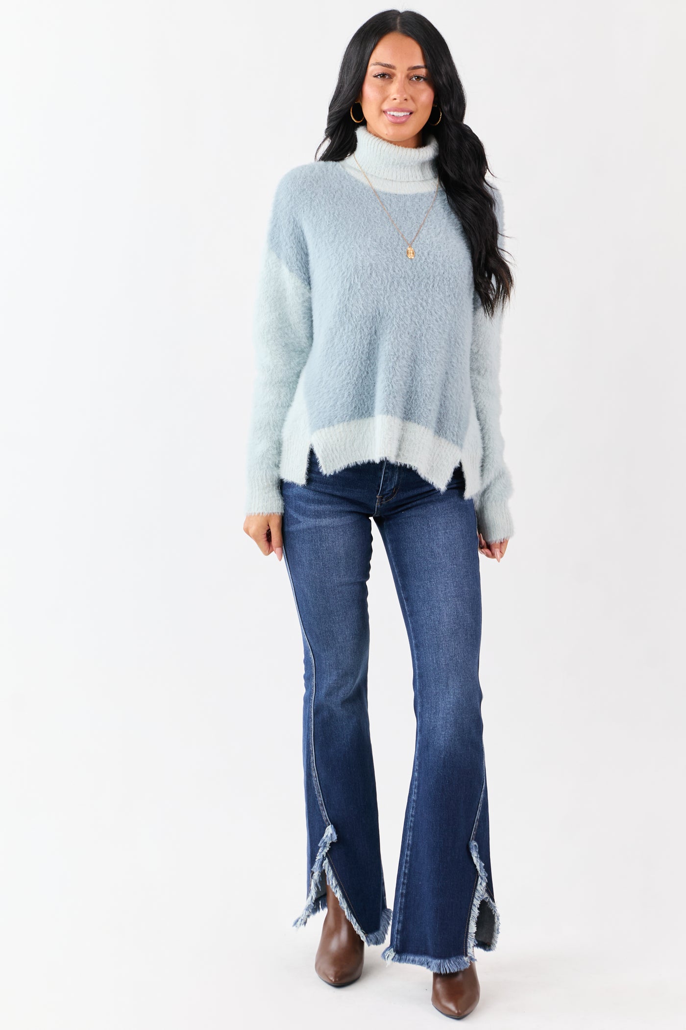 Slate Blue Fuzzy Turtleneck Colorblock Sweater