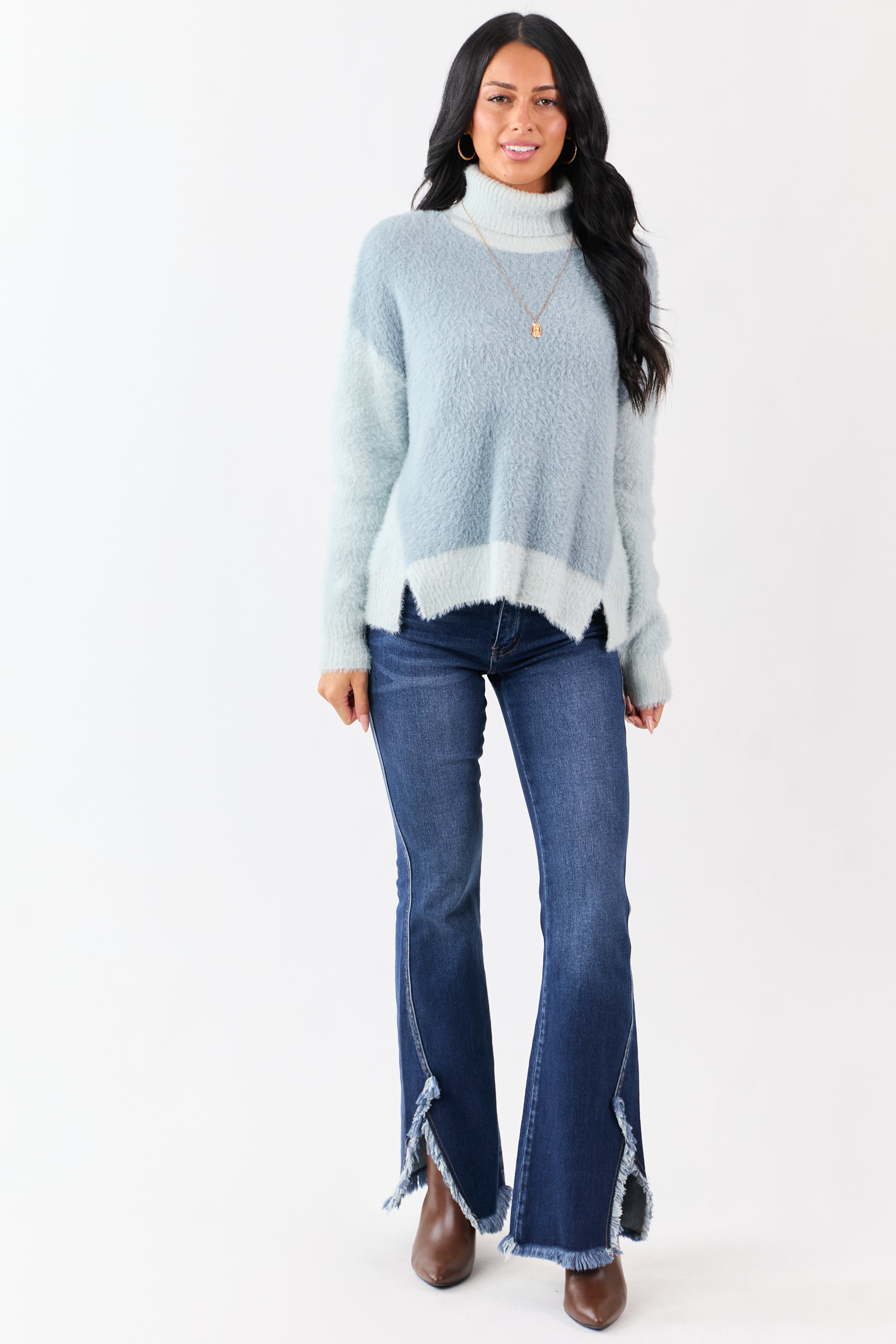 Slate Blue Fuzzy Turtleneck Colorblock Sweater