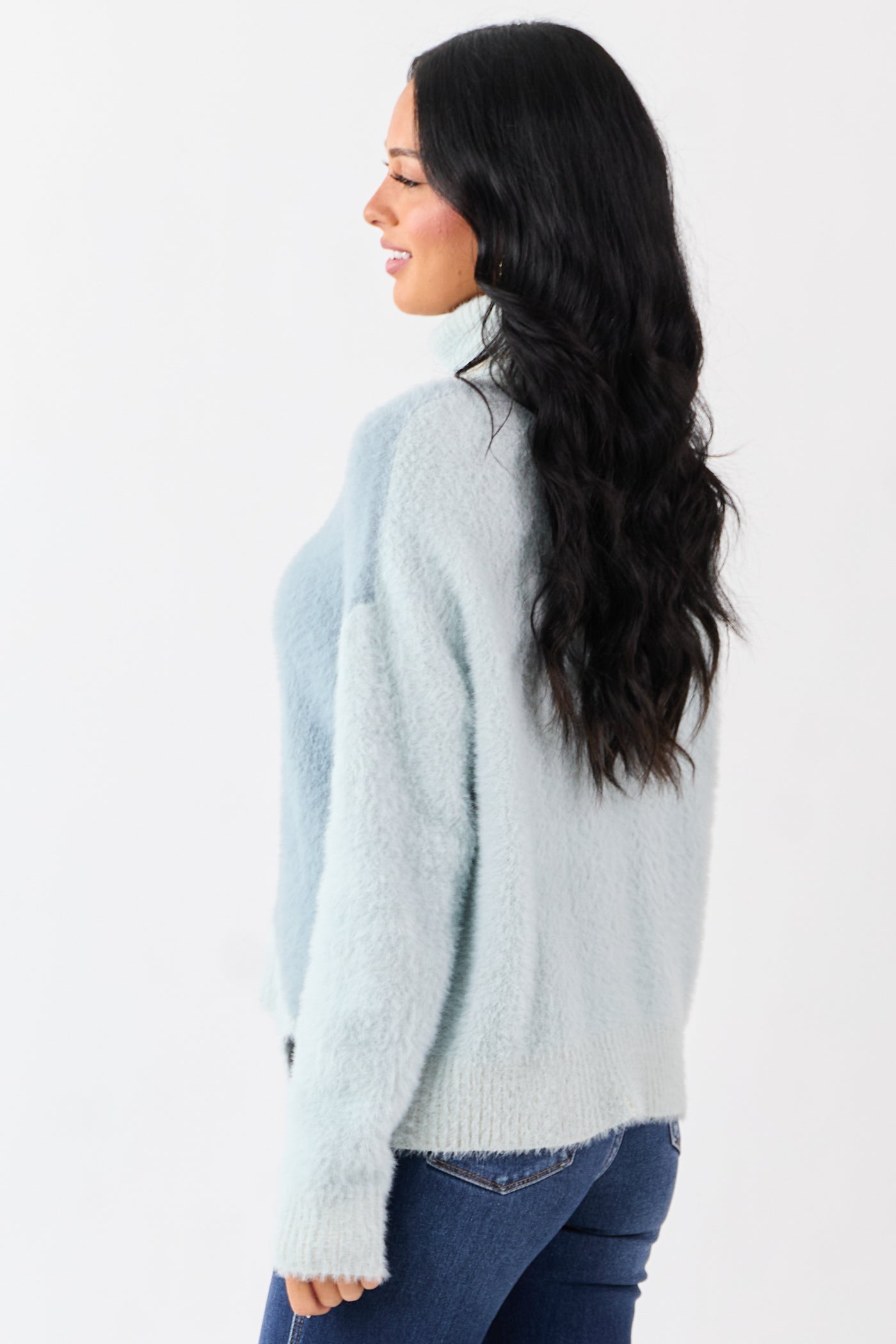 Slate Blue Fuzzy Turtleneck Colorblock Sweater