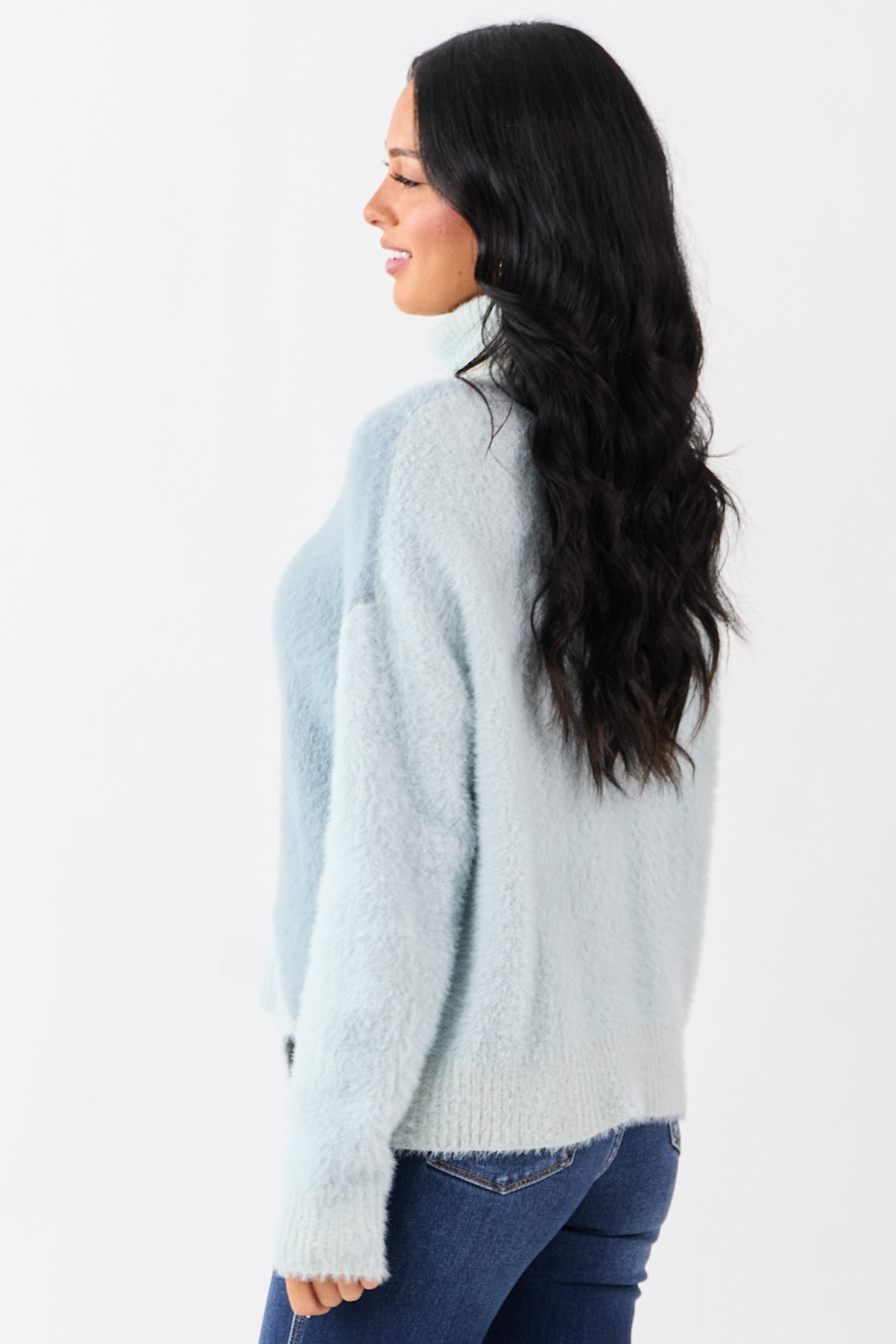 Slate Blue Fuzzy Turtleneck Colorblock Sweater