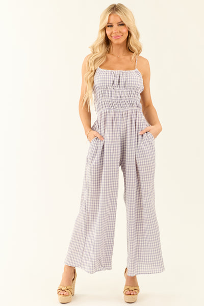 Slate Blue Gingham Ribbon Tie Sleeveless Jumpsuit | Lime Lush Boutique