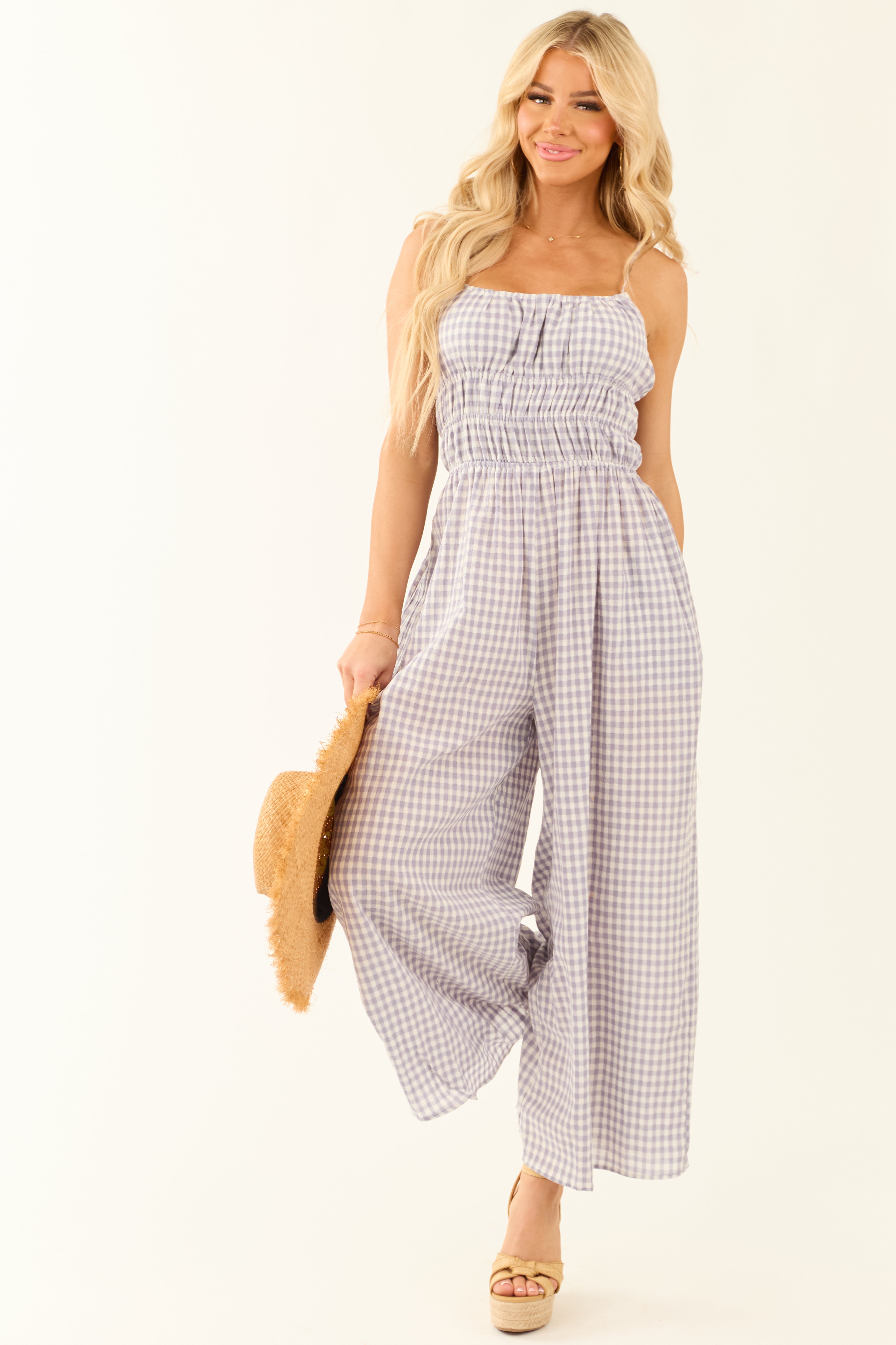 Slate Blue Gingham Ribbon Tie Sleeveless Jumpsuit | Lime Lush Boutique