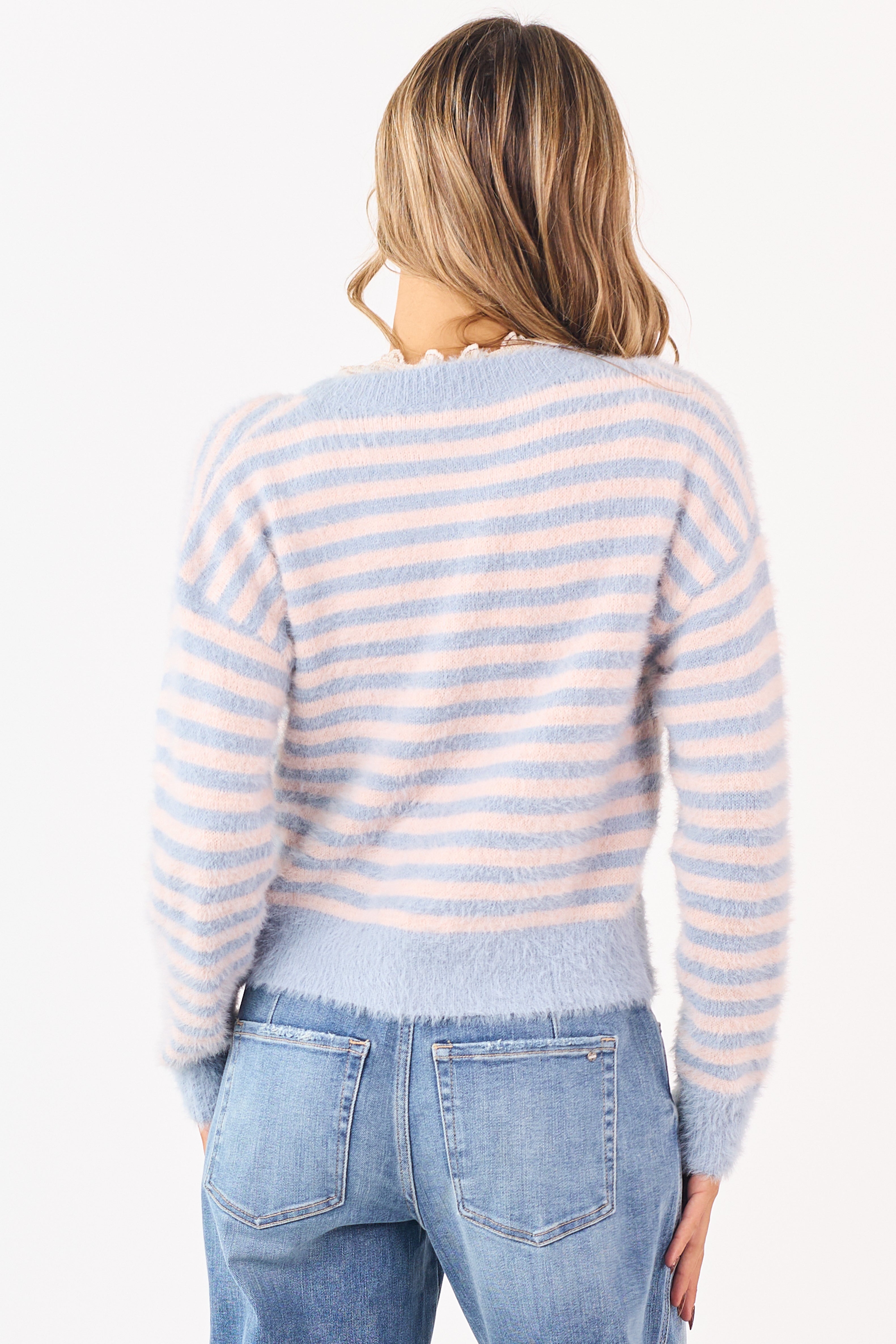 Slate Blue Striped Button Down Eyelash Knit Cardigan